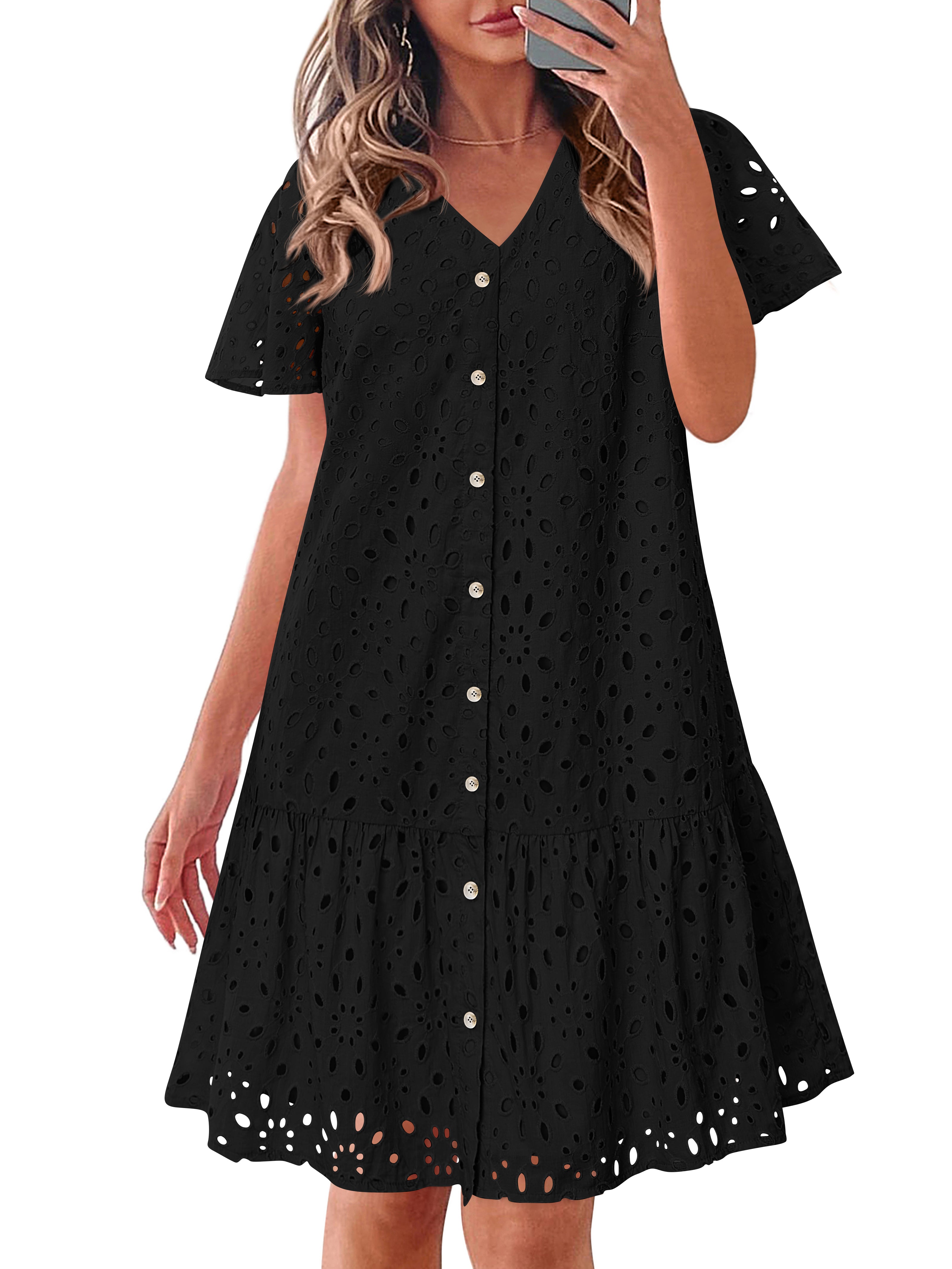 KIRUNDO Eyelet Dresses for Women 2026 Spring Summer Short Sleeve Button Down Loose Mini Babydoll Dress Beach Vacation Clothes