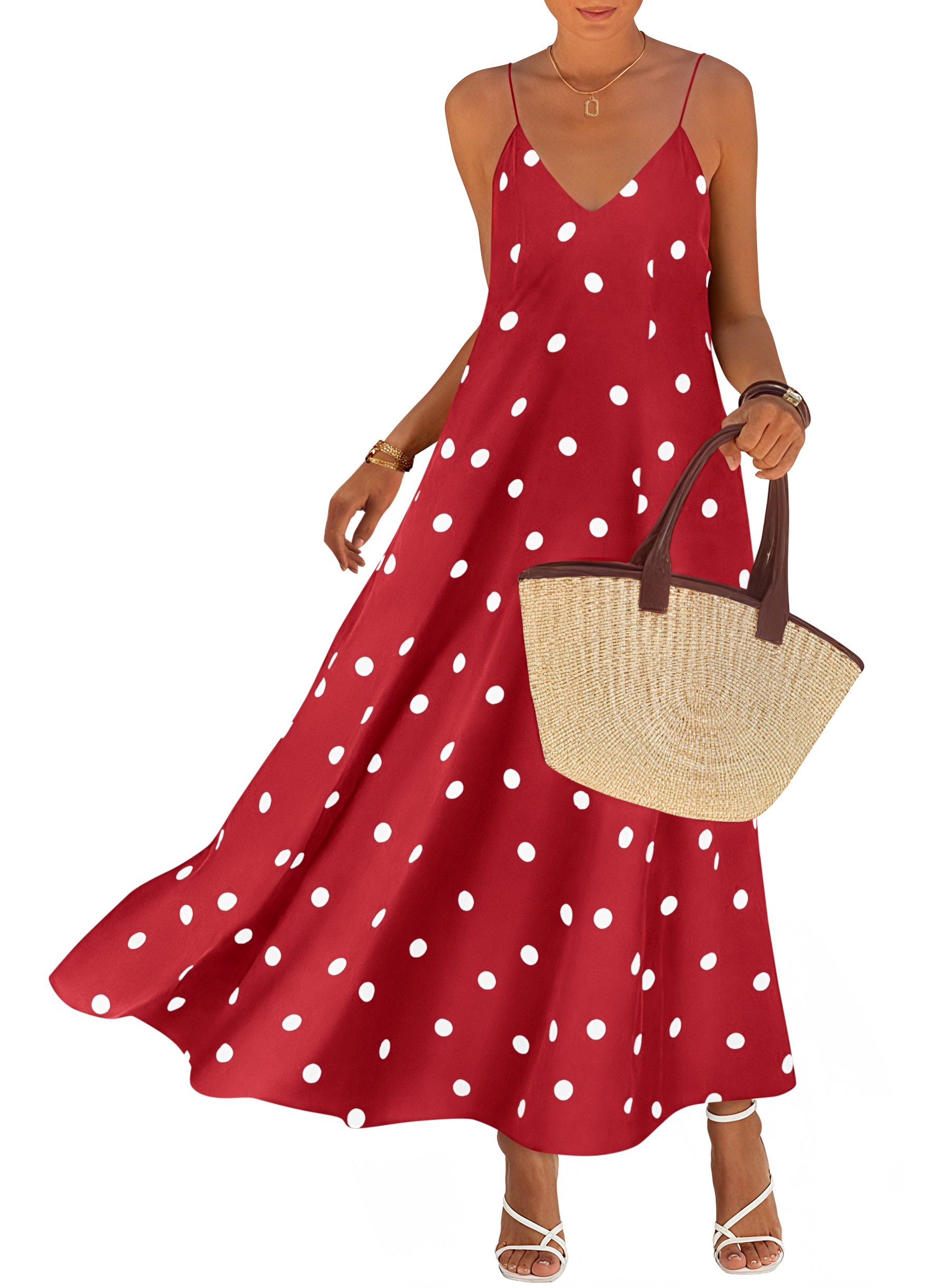 KIRUNDO Boho Maxi Dress for Women Summer Spaghetti Strap V Neck Polka Dot Flowy Long Beach Vacation Sundress with Pockets
