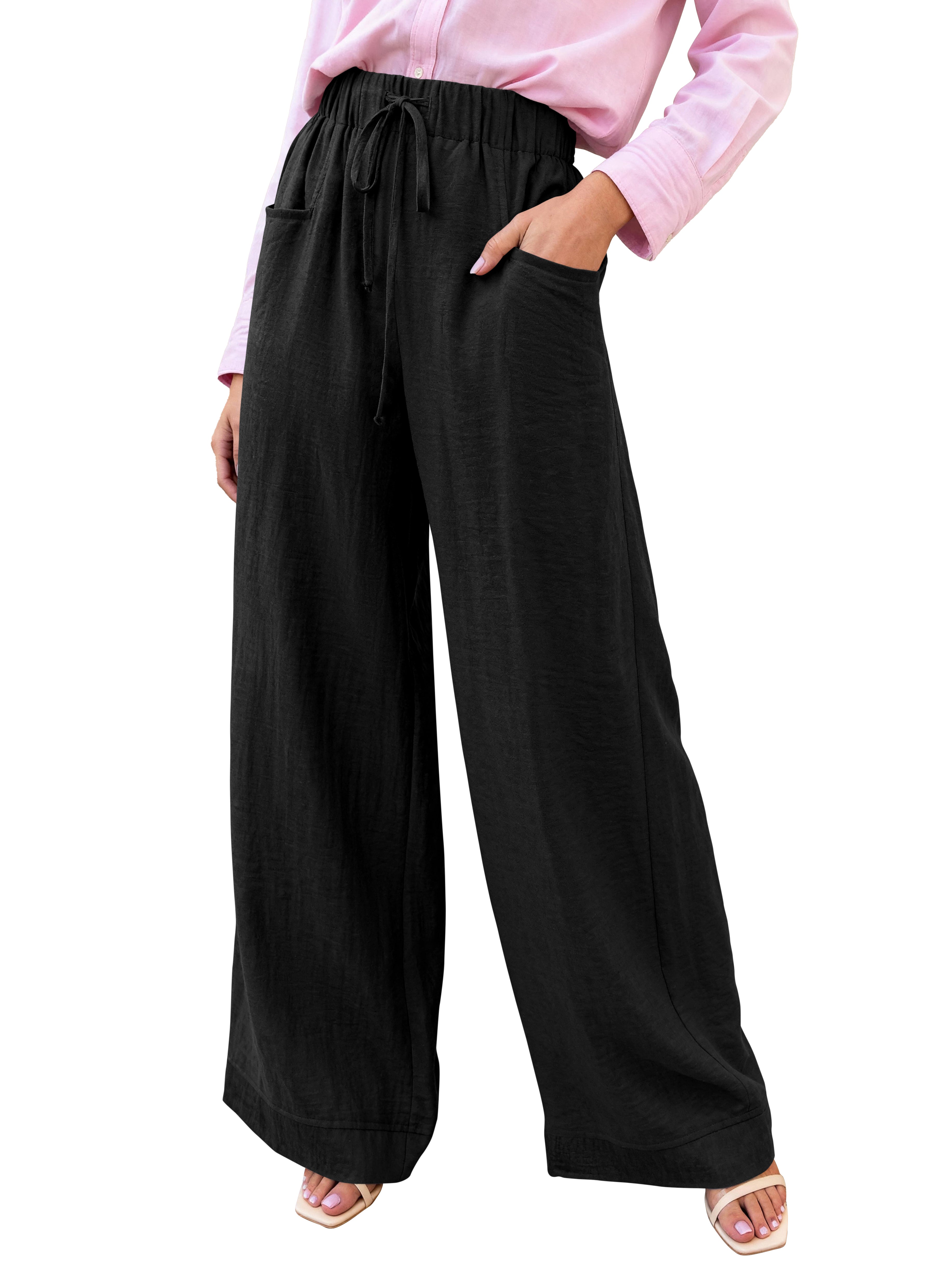 KIRUNDO Wide Leg Palazzo Pants for Women Summer High Waist Flowy Casual Trousers Lounge Pants Beach Vacation Travel Outfits