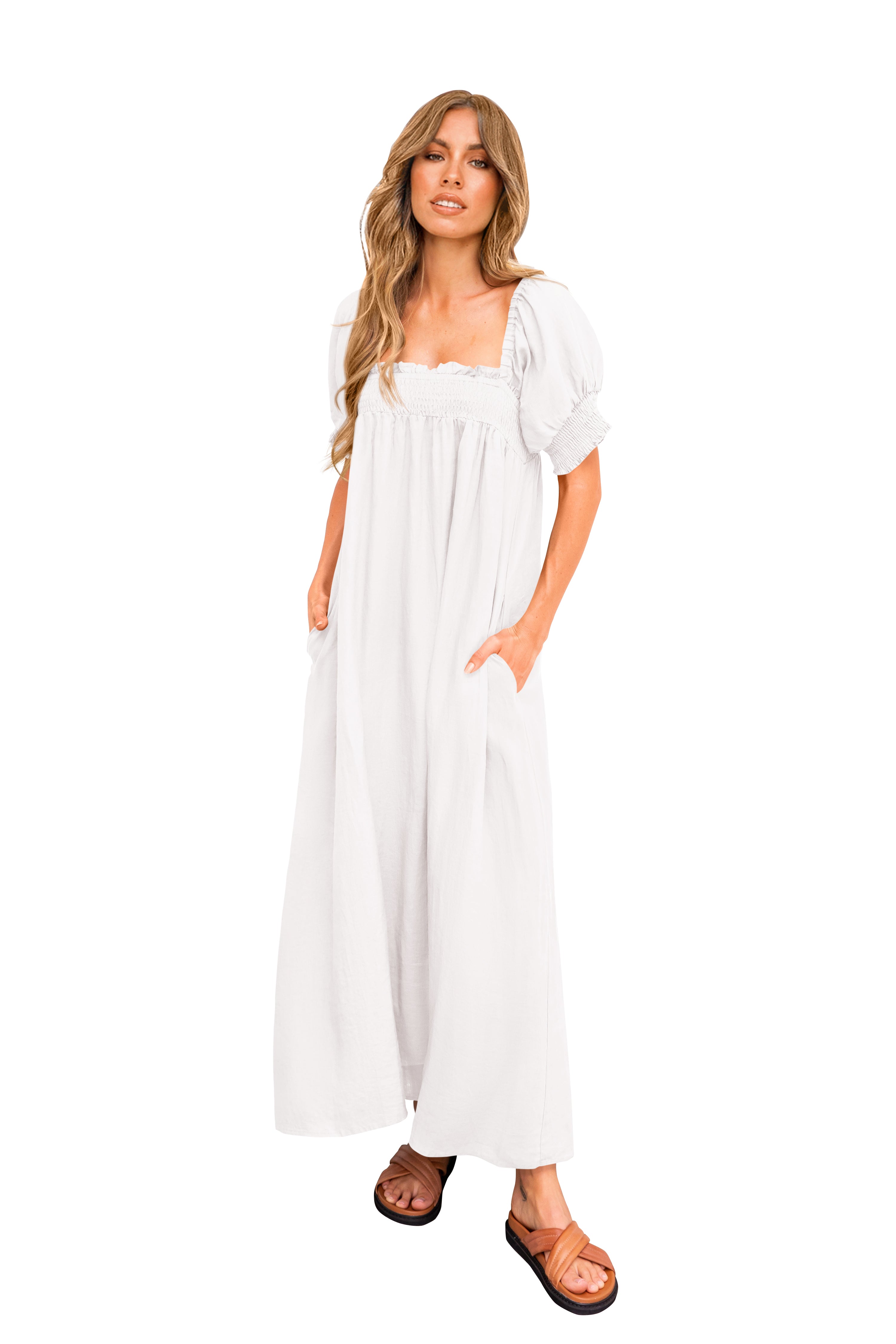 KIRUNDO Women 2026 Summer Maxi Dress Casual Loose Puff Sleeve Square Neck Maternity Flowy Long Beach Dresses with Pockets