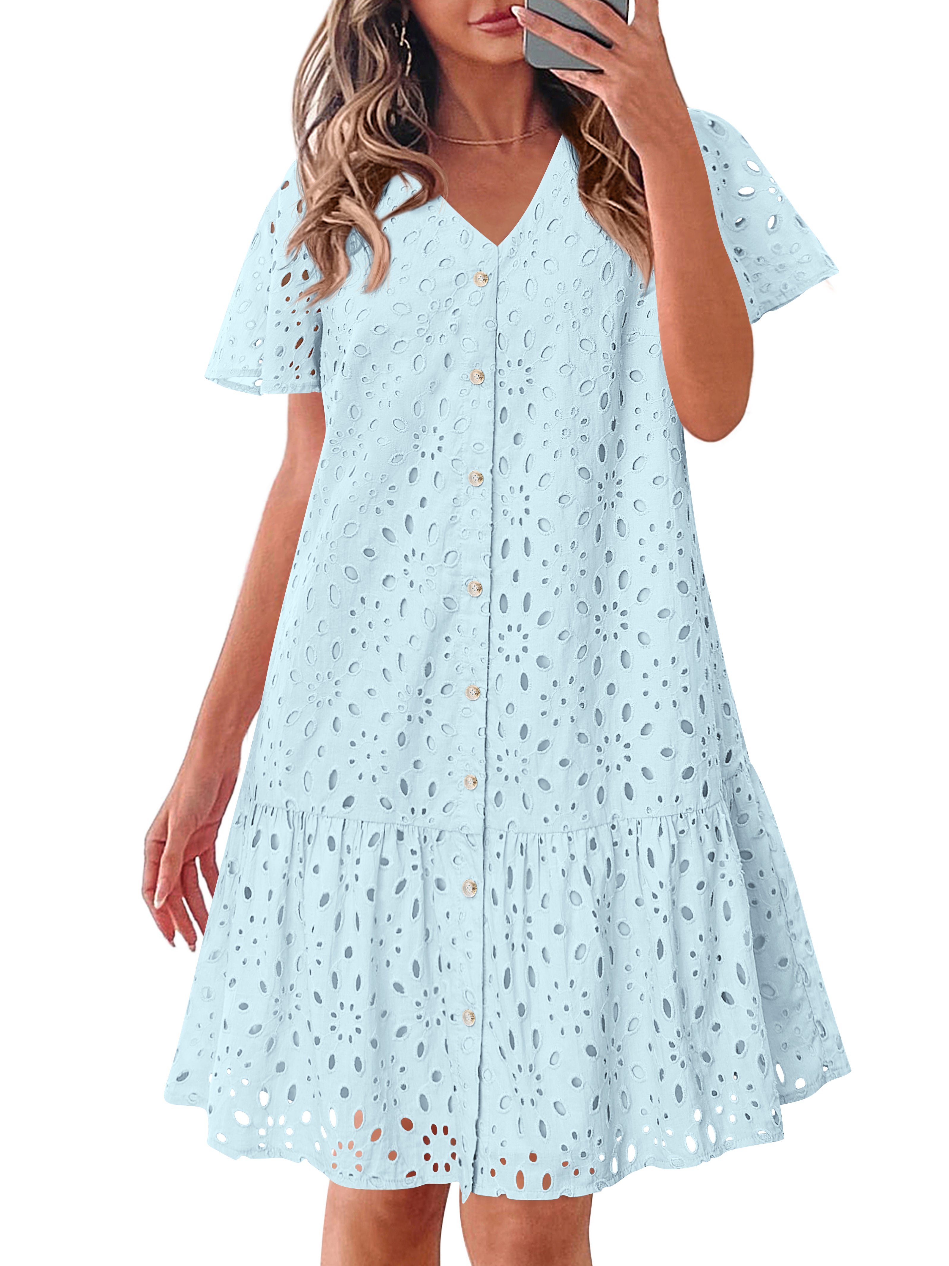 KIRUNDO Eyelet Dresses for Women 2026 Spring Summer Short Sleeve Button Down Loose Mini Babydoll Dress Beach Vacation Clothes