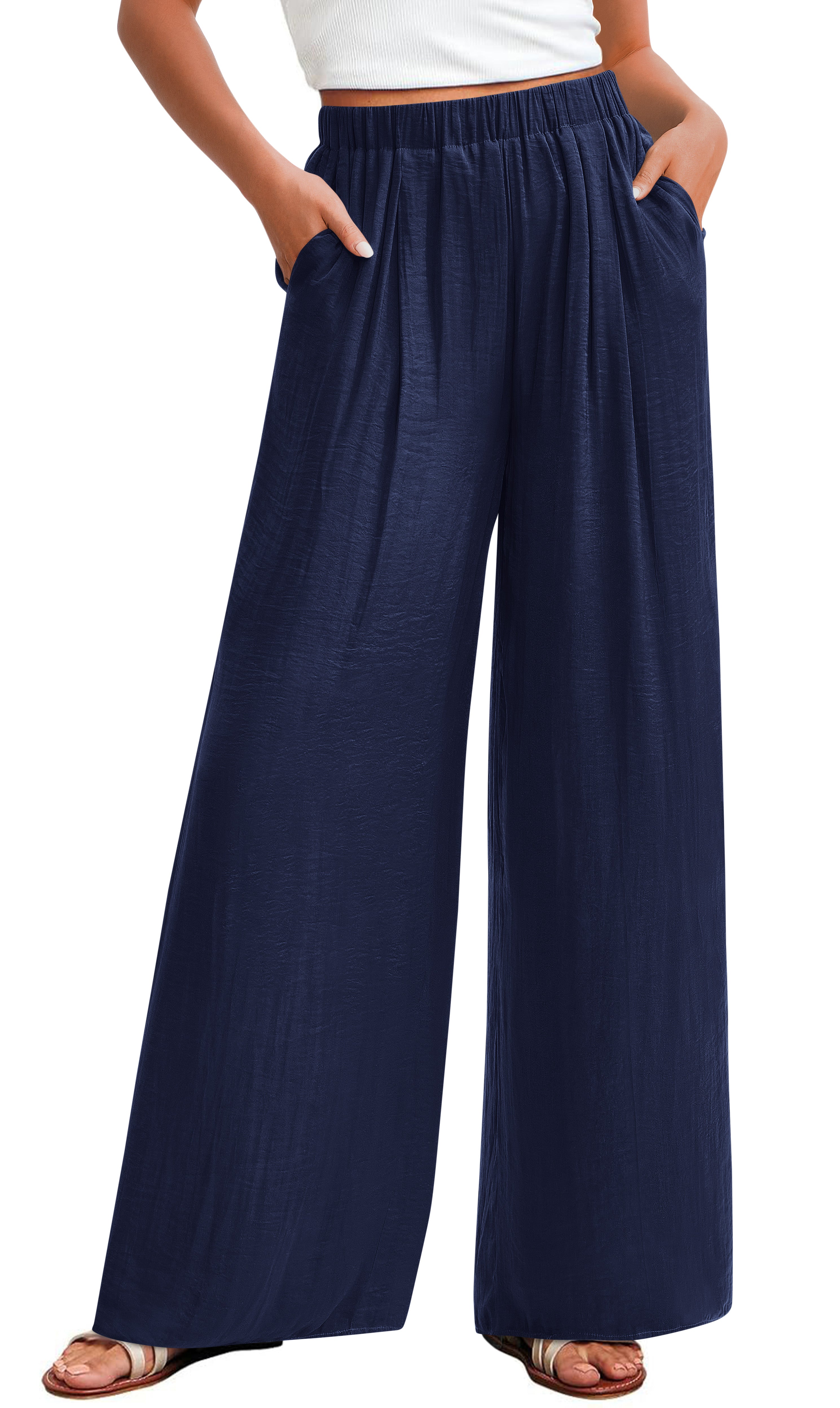 KIRUNDO Wide Leg Pants for Women Summer Flowy Elastic Waist Palazzo Pants Lounge Trousers with Pockets Beach Vacation Outfits