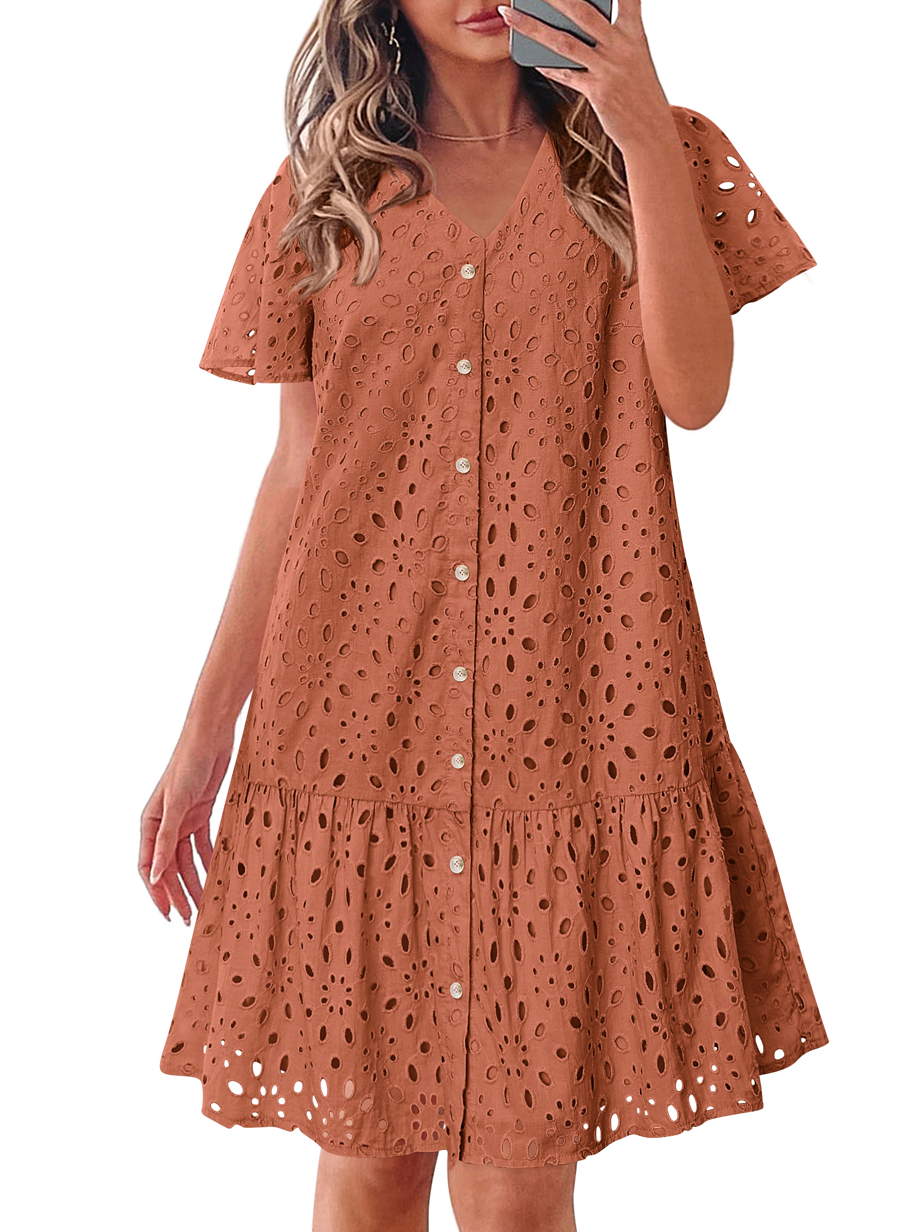 KIRUNDO Eyelet Dresses for Women 2026 Spring Summer Short Sleeve Button Down Loose Mini Babydoll Dress Beach Vacation Clothes