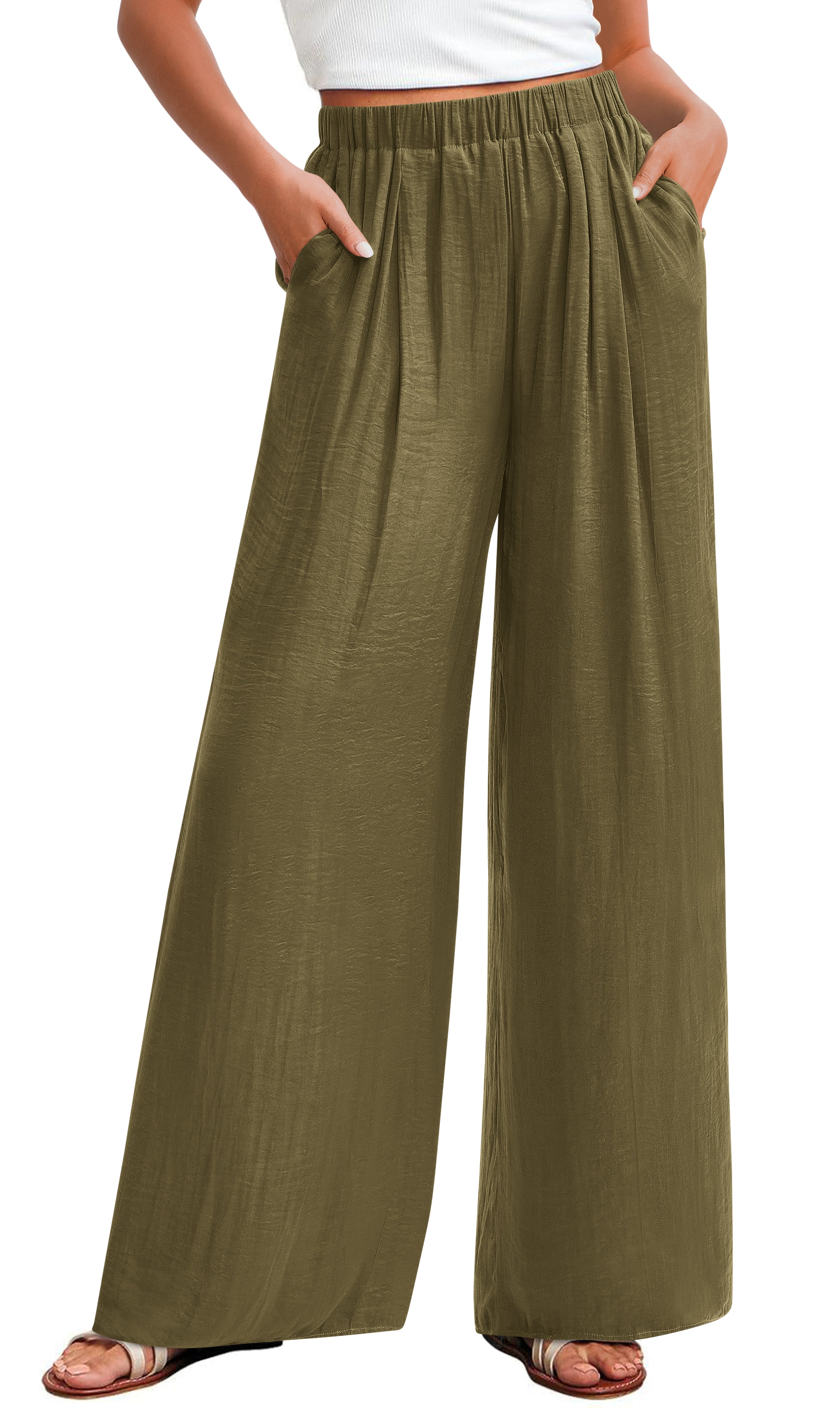 KIRUNDO Wide Leg Pants for Women Summer Flowy Elastic Waist Palazzo Pants Lounge Trousers with Pockets Beach Vacation Outfits
