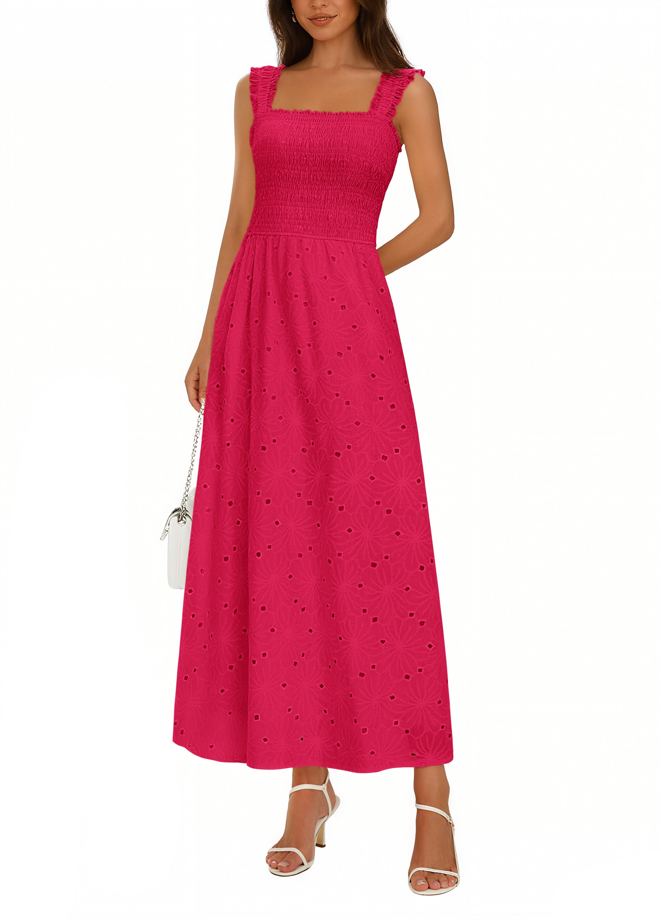 KIRUNDO Women Eyelet Summer Maxi Dress 2026 Spring Boho Lace Cotton Smocked Sleeveless Square Neck Beach Vacation Sundress