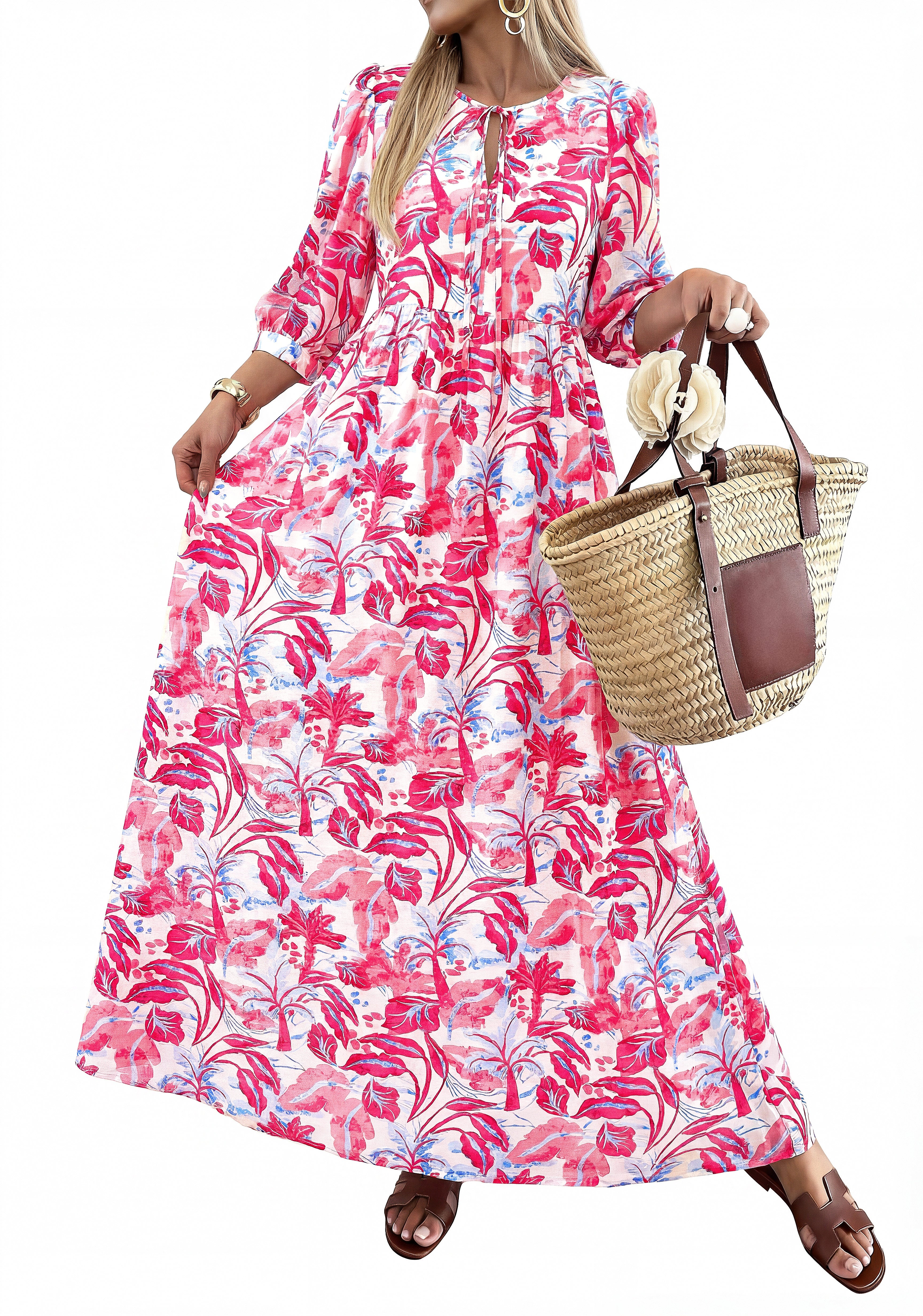 KIRUNDO Women Summer Beach Vacation Wedding Guest Dresses 2026 Spring Boho Floral 3/4 Sleeve Loose Cruise Flowy Maxi Dress
