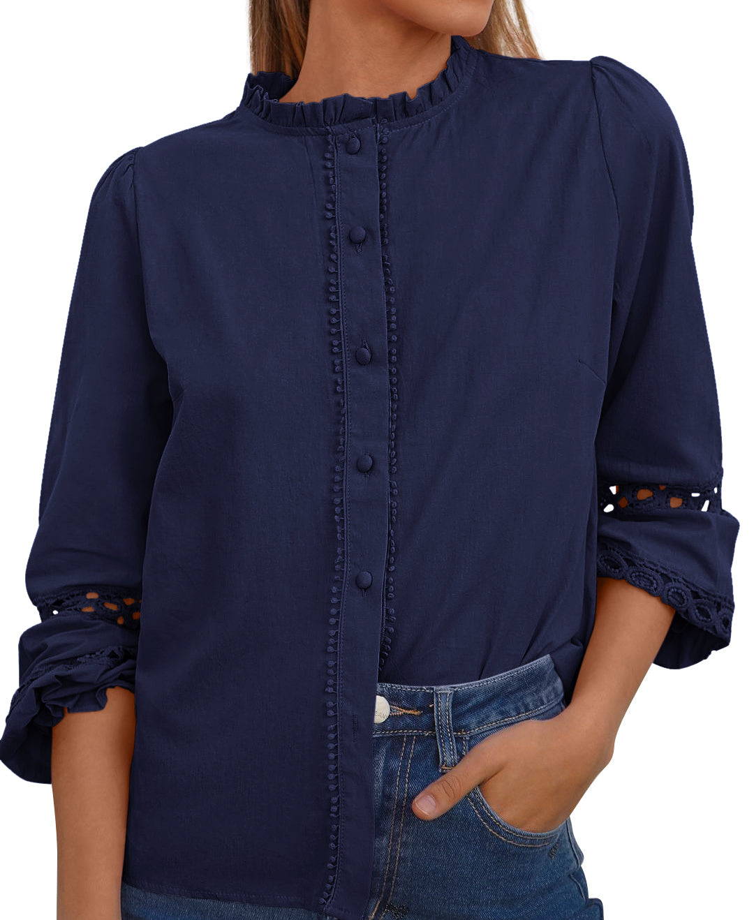 KIRUNDO Going Out Tops for Women Boho Cotton Eyelet Long Sleeve Button Up Shirt 2025 Fall Fashion Lace Dressy Casual Blouses