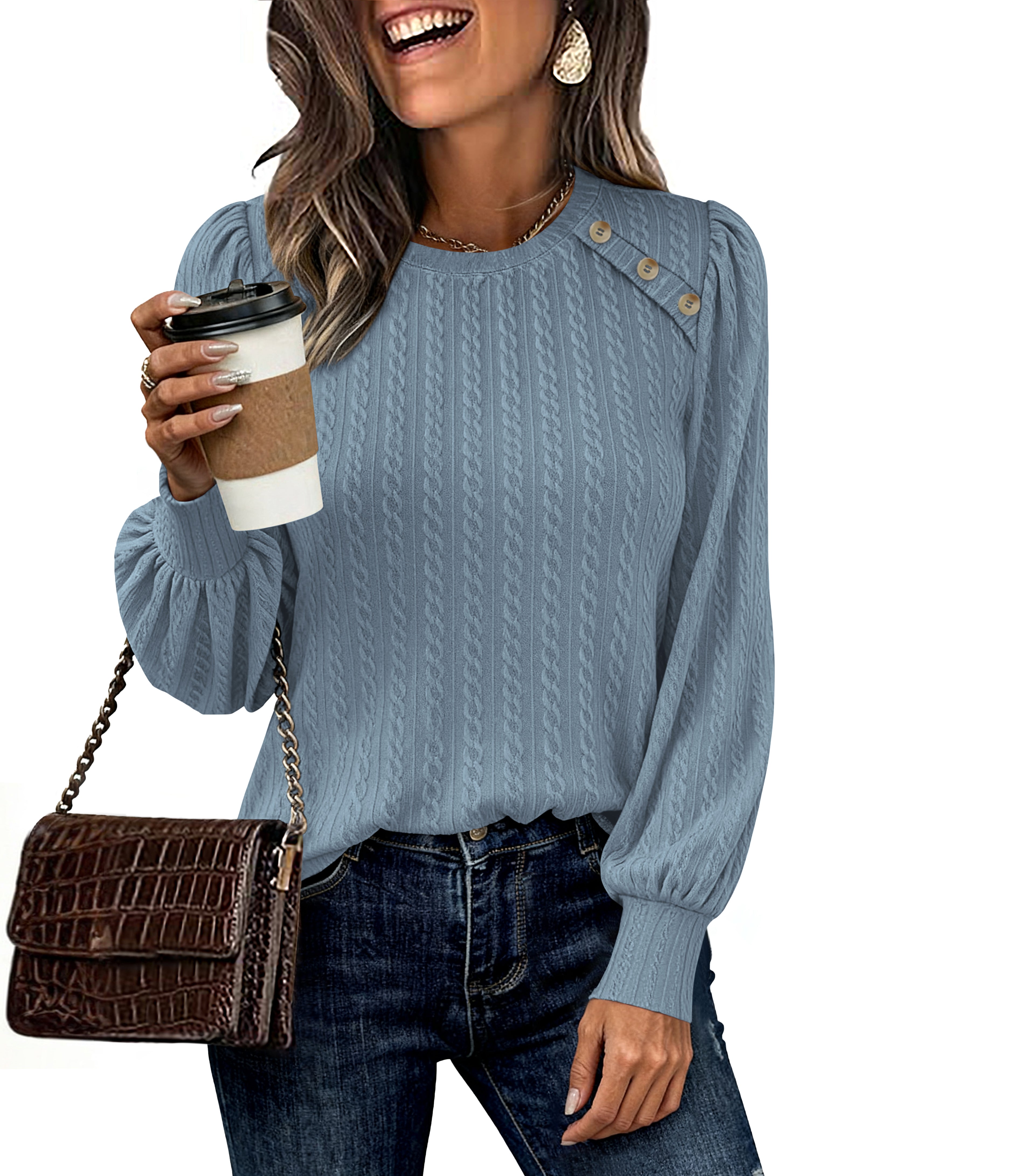 KIRUNDO Long Sleeve Shirts For Women 2025 Fall Trendy Textured Knit Going Out Tops Casual Dressy Crewneck Work Blouse Tunic