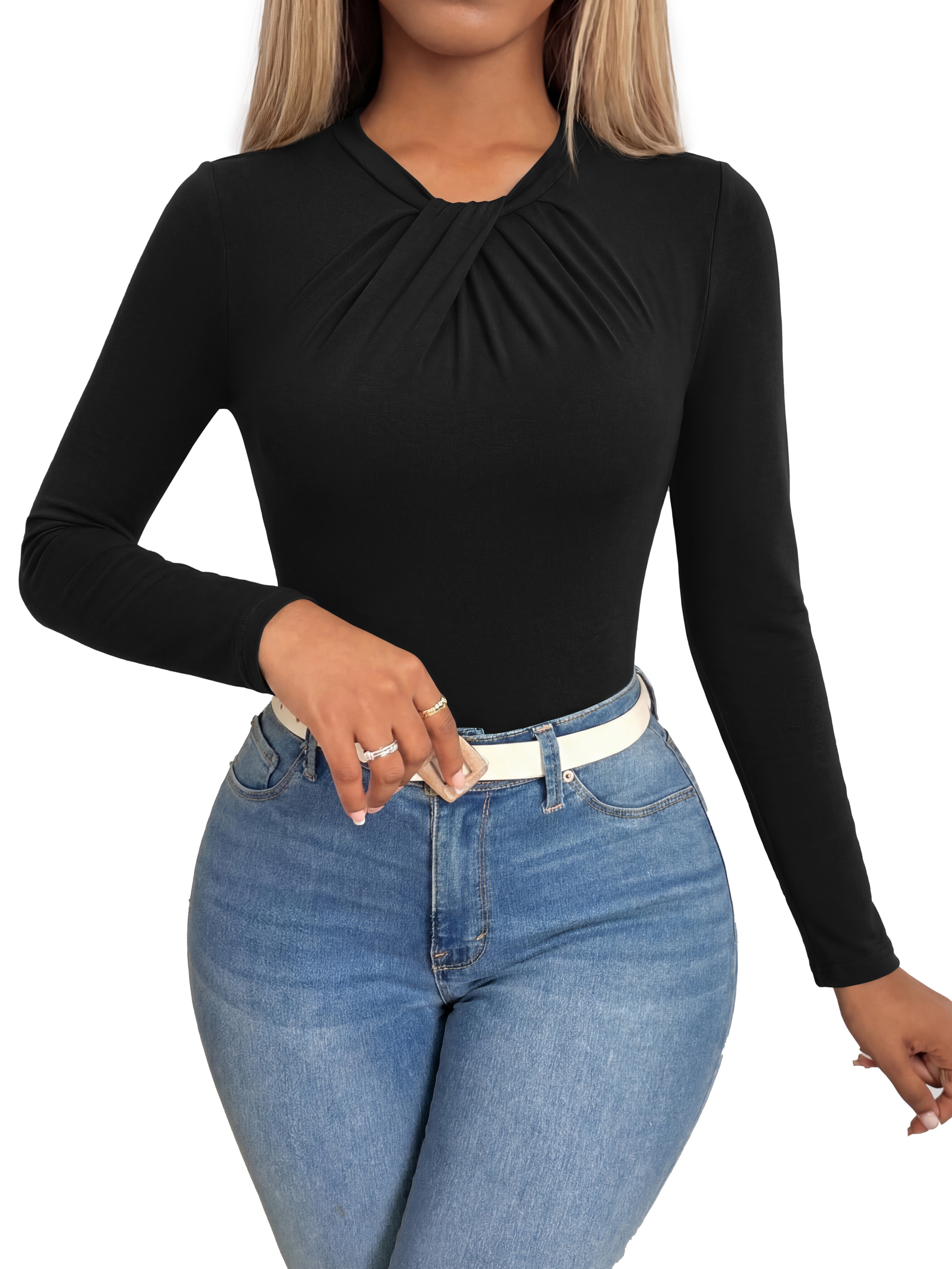 KIRUNDO Long Sleeve Tops for Women Business Casual Outfits Slim Fitted Knit Twist Knot Work Office Shirt Blouse Going Out Top