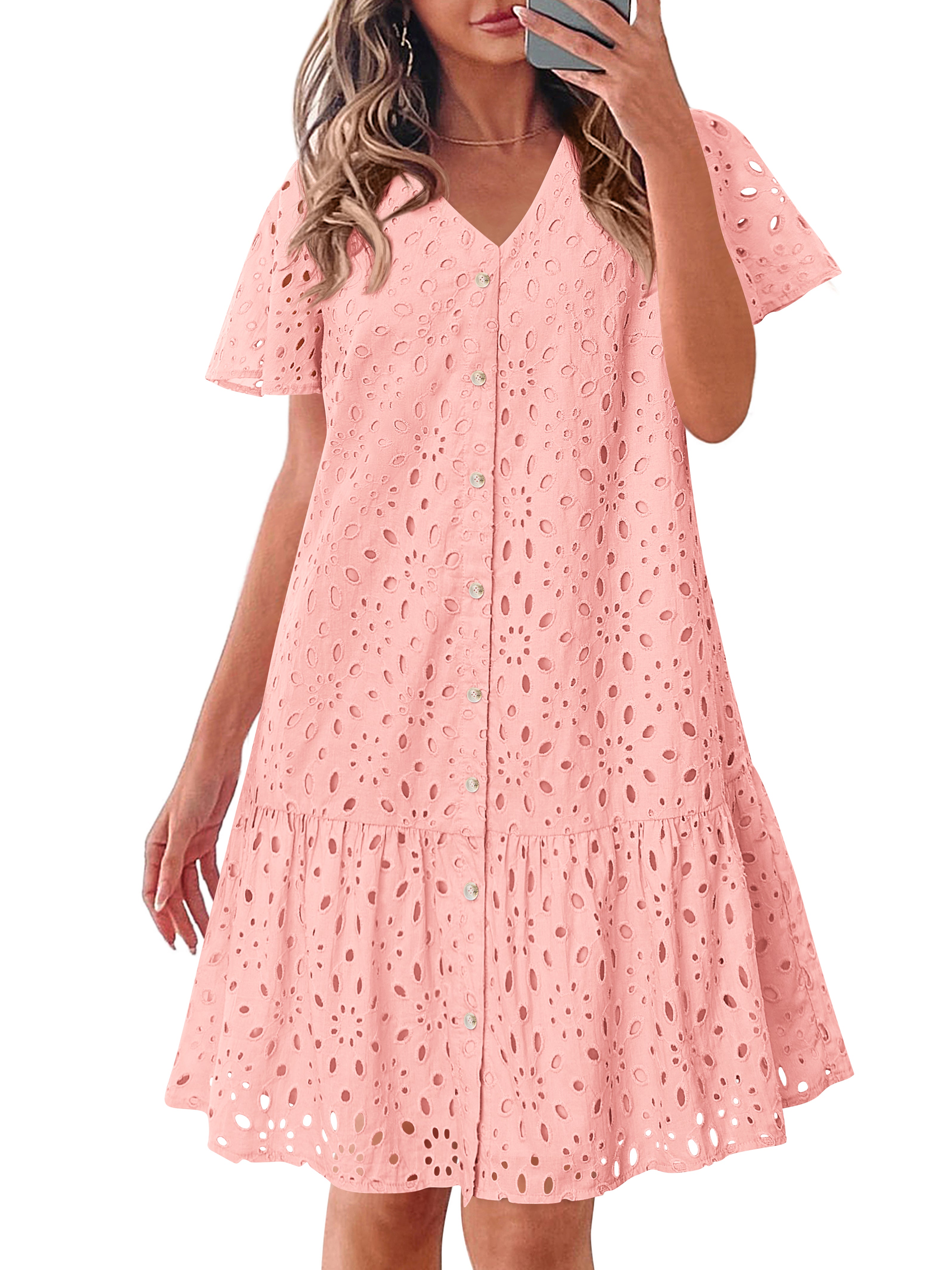 KIRUNDO Eyelet Dresses for Women 2026 Spring Summer Short Sleeve Button Down Loose Mini Babydoll Dress Beach Vacation Clothes