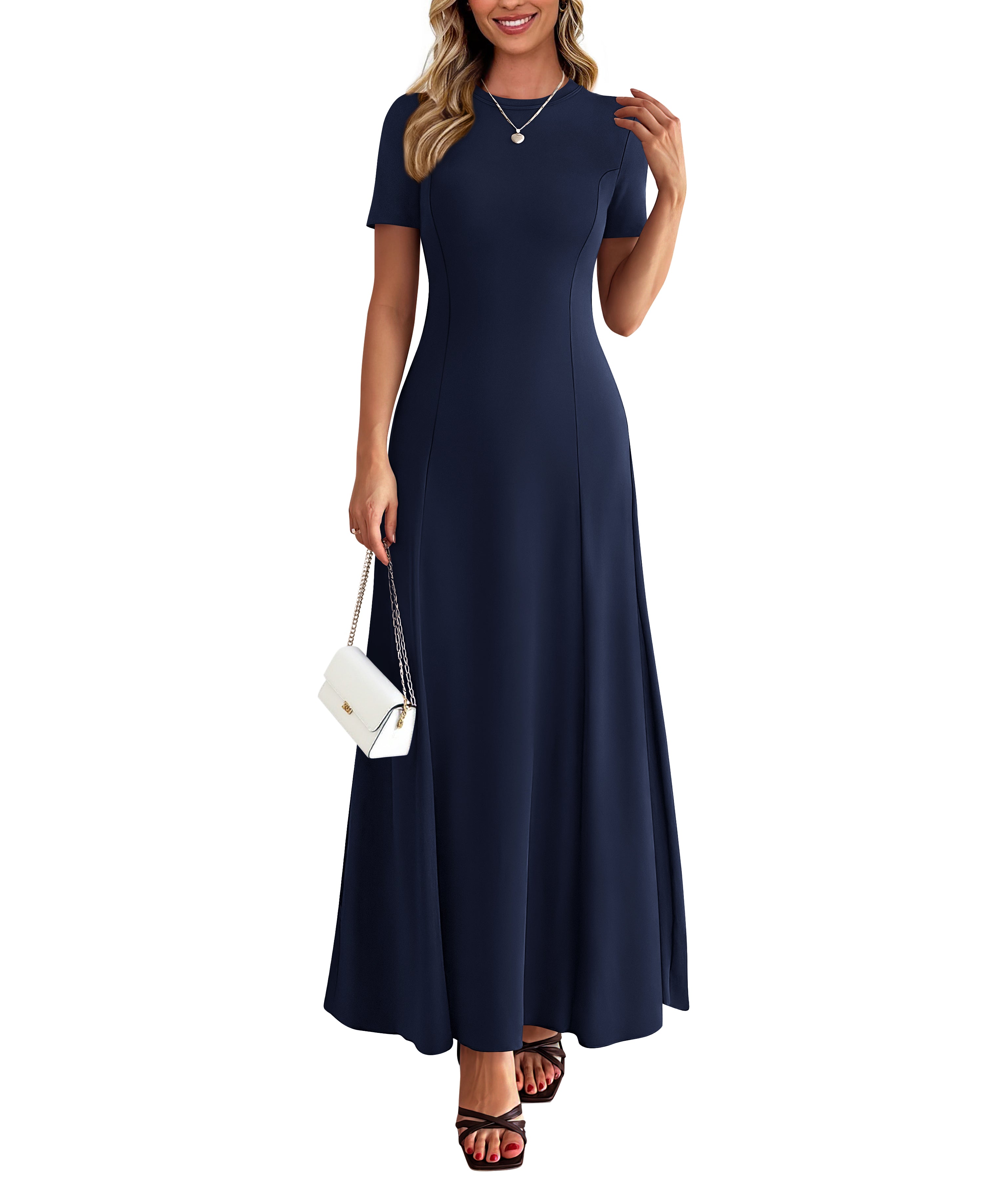 KIRUNDO Maxi Dresses for Women 2026 Short Sleeve Crewneck Pleated Flowy A Line Formal Wedding Guest Dress with Pockets