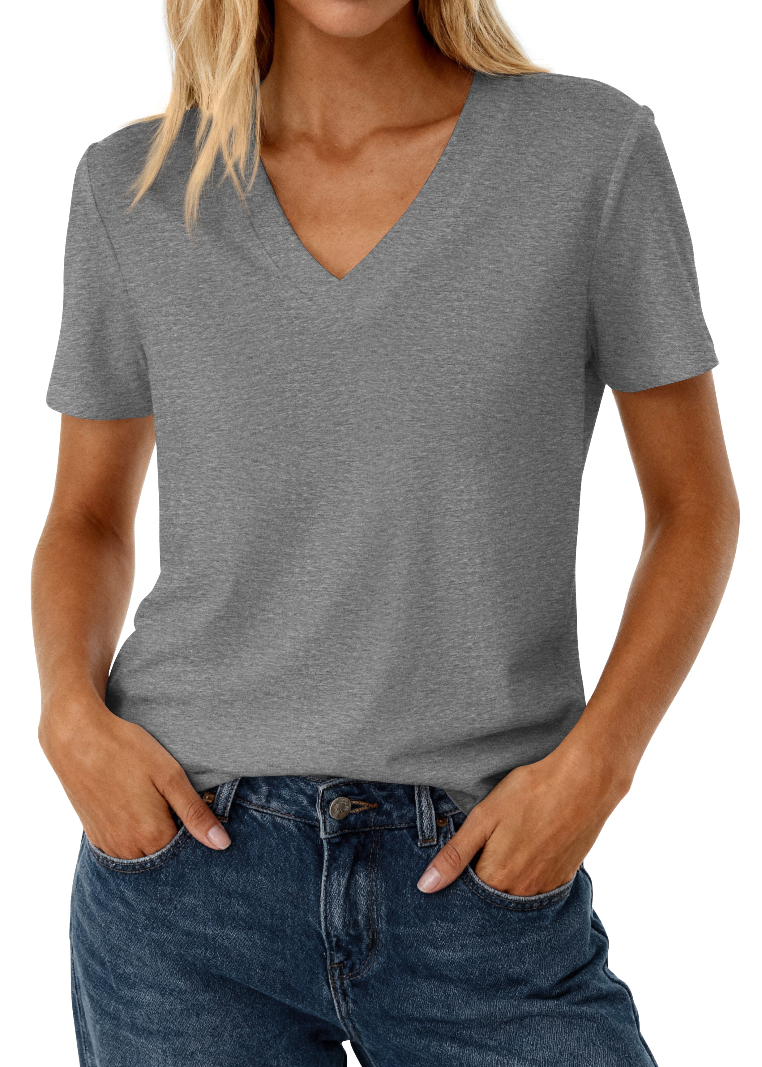 KIRUNDO V Neck T Shirts for Women Summer Tops 2026 Spring Short Sleeve Dressy Casual Blouses Basic Tees Fashion Clothing