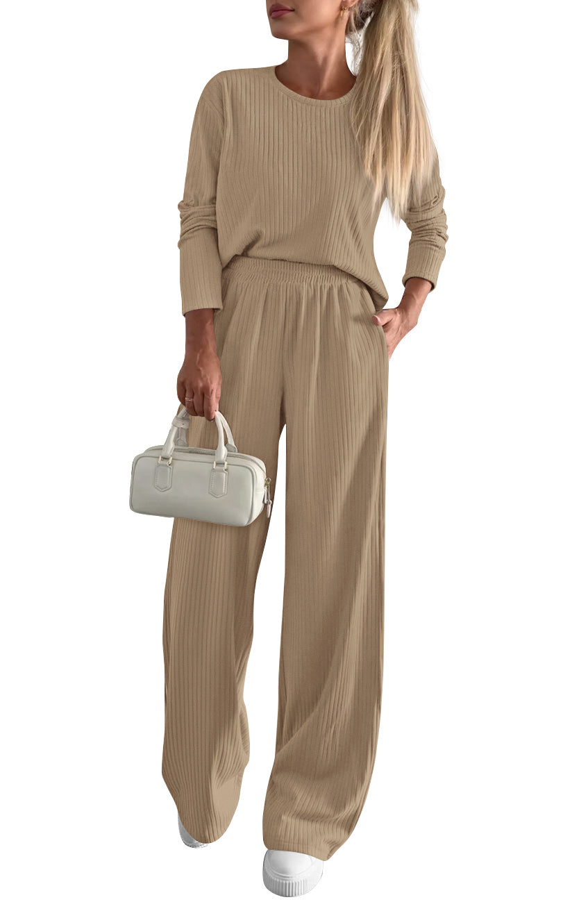 KIRUNDO Fall 2 Piece Lounge Sets for Women Long Sleeve Ribbed Knit Tops Wide Leg Pants Matching Travel Outfits Postpartum