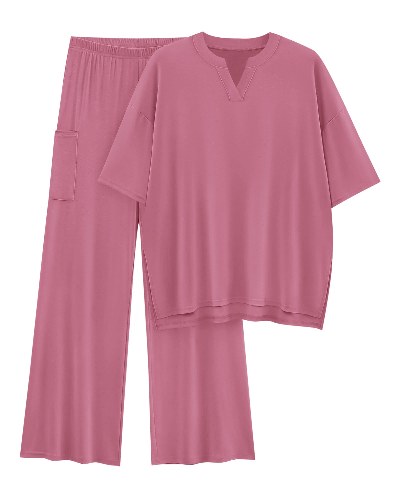 KIRUNDO Womens 2 Piece Matching Lounge Set Airport Travel Vacation Summer Outfits Oversized Short Sleeve Tops Wide Leg Pants