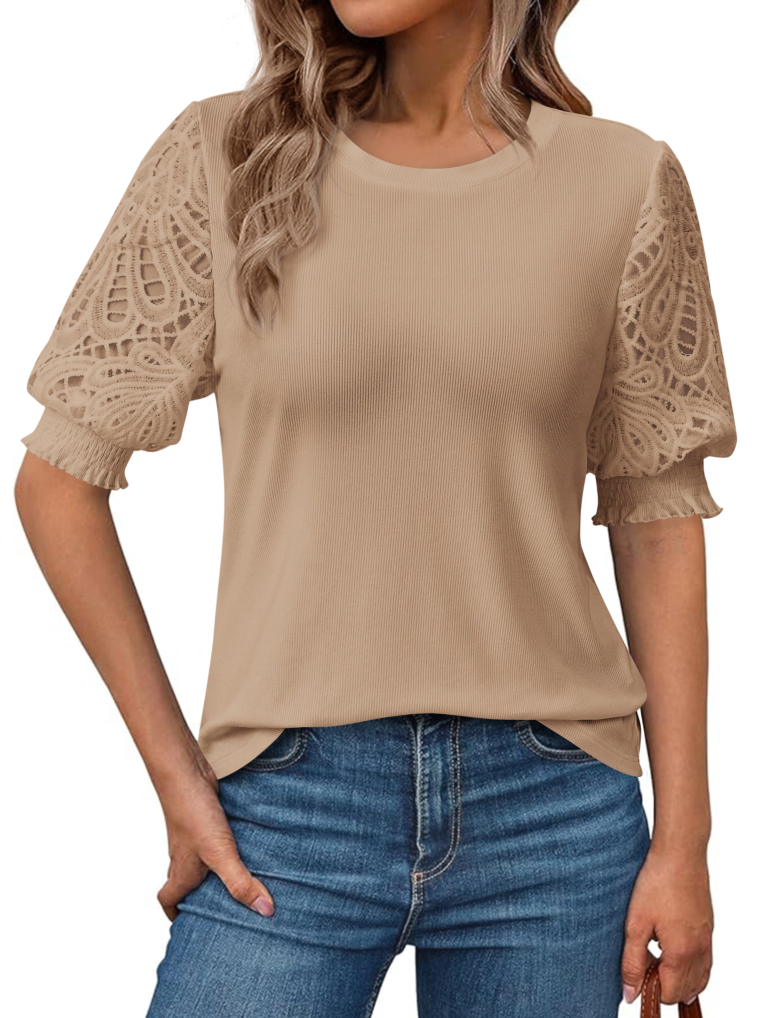 KIRUNDO Summer Women Blouses 2026 Casual Crewneck Going Out Tops Dressy Lace Hollow Out Short Sleeve T Shirts Work Office