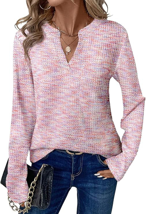 KIRUNDO Waffle Knit Tops V Neck Long Sleeve Blouses for Women Dressy Casual Henley Work Shirts 2025 Fall Clothes Fashion