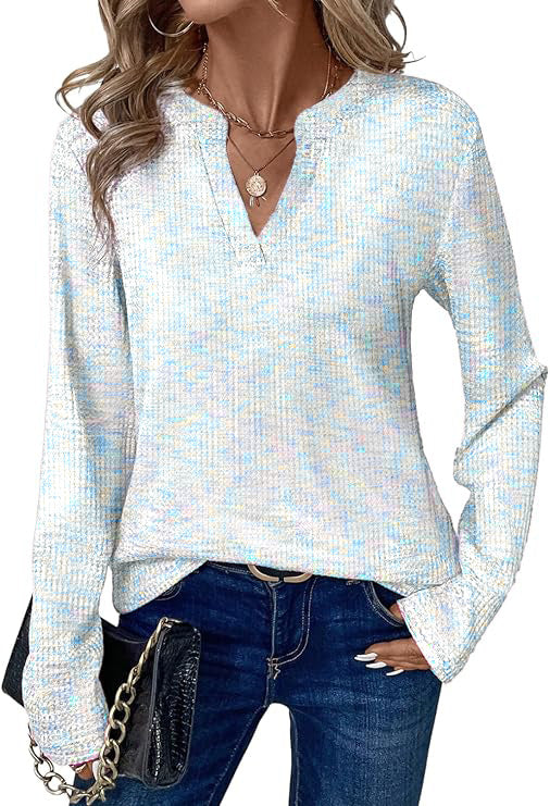 KIRUNDO Waffle Knit Tops V Neck Long Sleeve Blouses for Women Dressy Casual Henley Work Shirts 2025 Fall Clothes Fashion