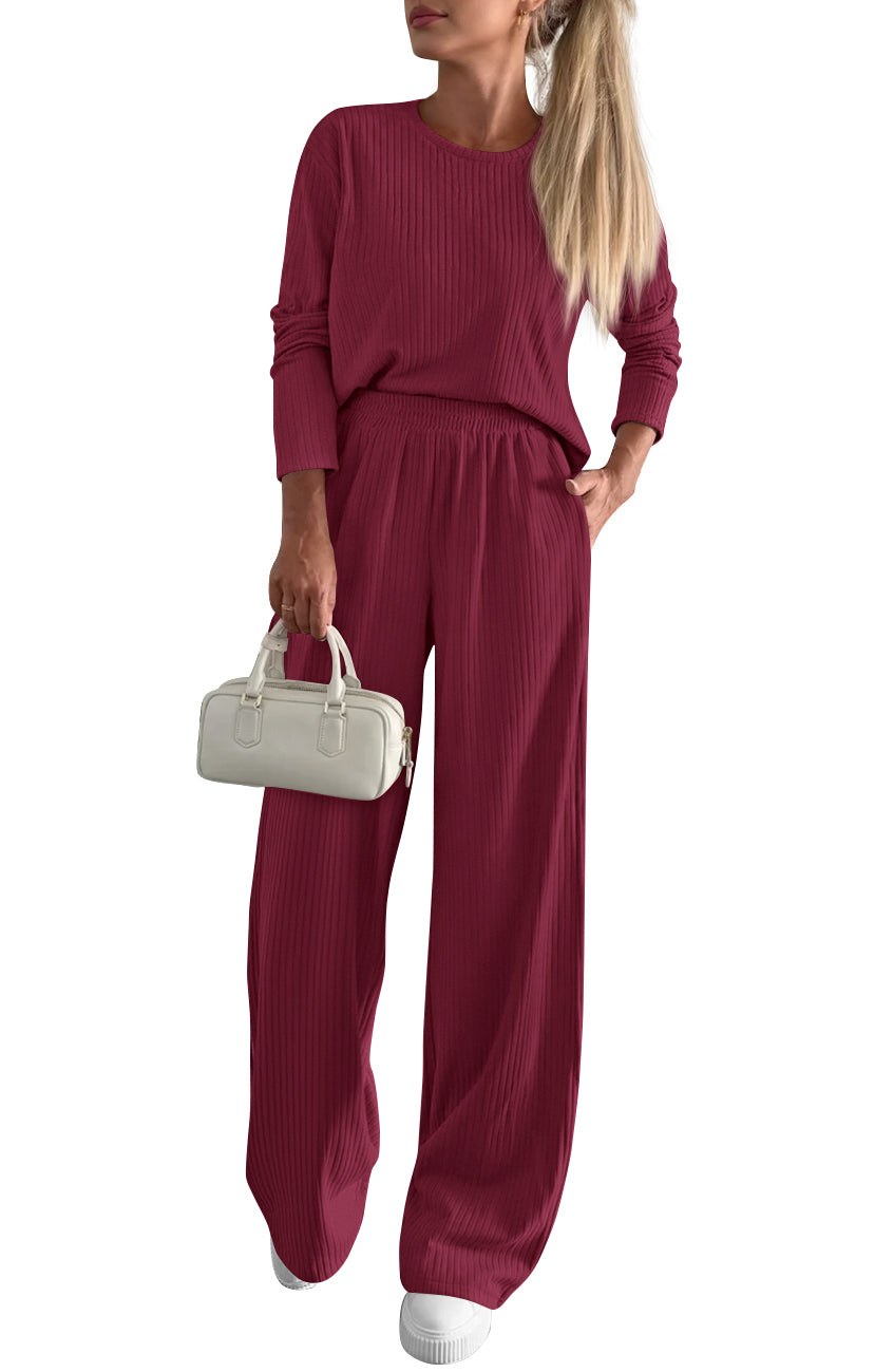 KIRUNDO Fall 2 Piece Lounge Sets for Women Long Sleeve Ribbed Knit Tops Wide Leg Pants Matching Travel Outfits Postpartum