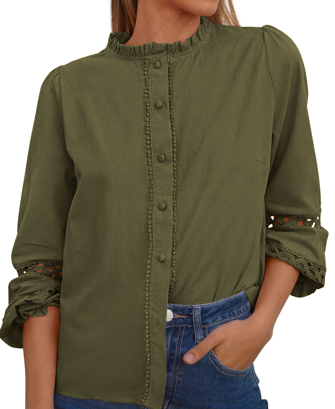 KIRUNDO Going Out Tops for Women Boho Cotton Eyelet Long Sleeve Button Up Shirt 2025 Fall Fashion Lace Dressy Casual Blouses