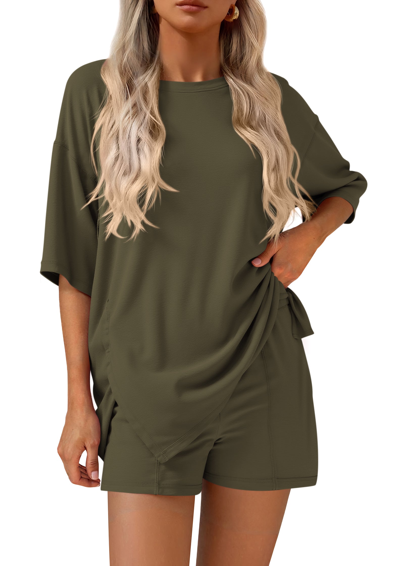 KIRUNDO Lounge Set for Women 2 Piece Outfits Summer Casual Oversized Shirts Shorts Matching Airport Travel Outfits Maternity