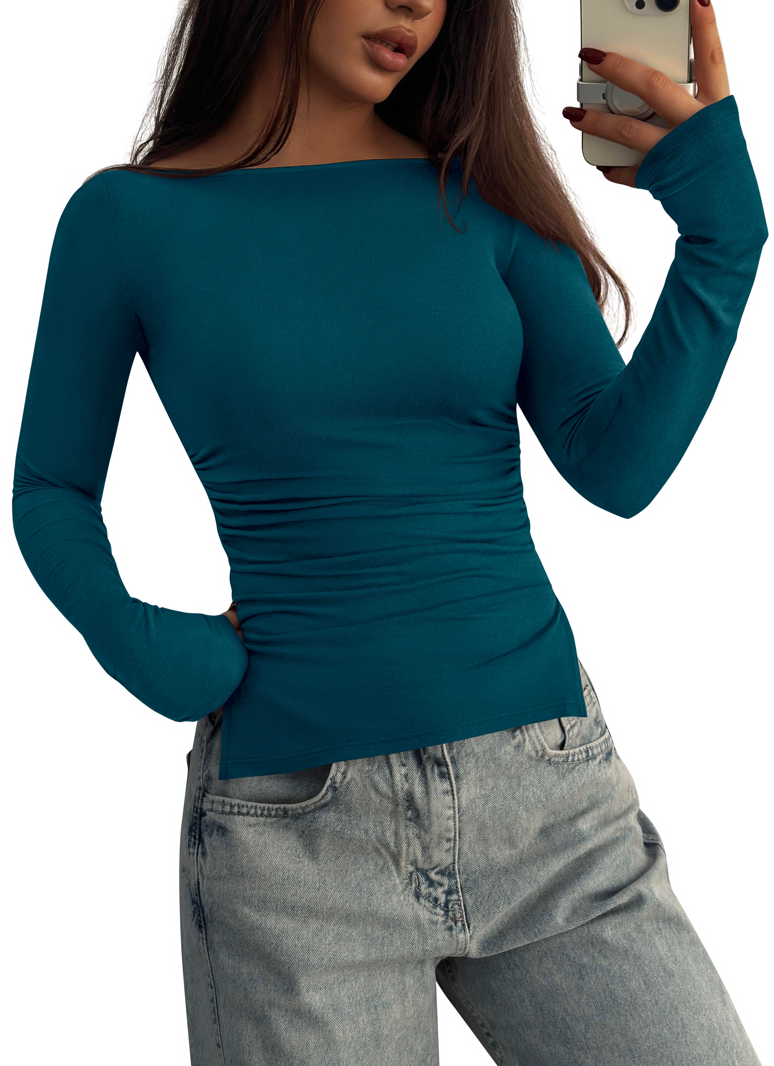 KIRUNDO Long Sleeve Shirts for Women 2025 Fall Casual Boat Neck Knit Workout Going Out Tops Fitted Side Slit Basic Tees