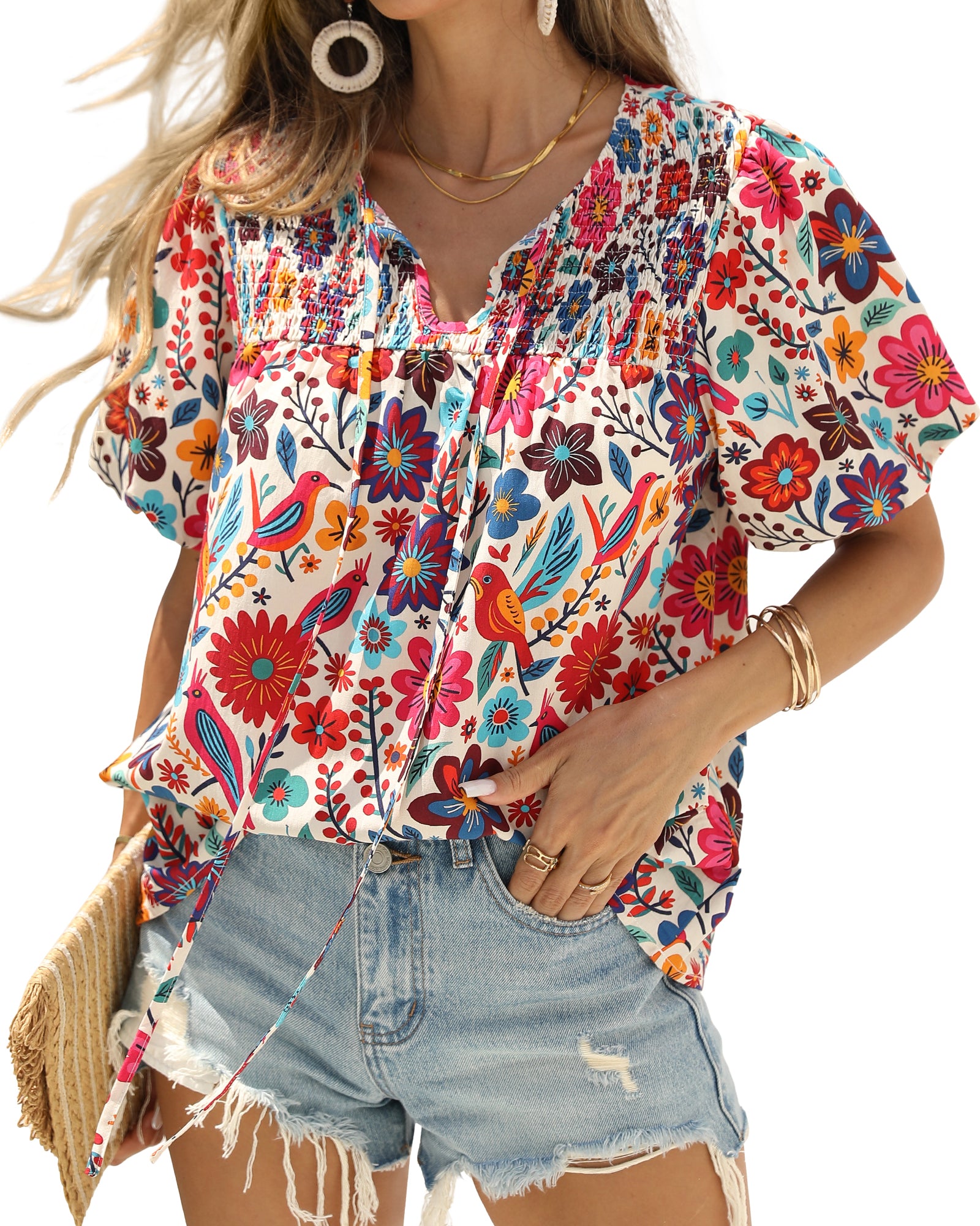 KIRUNDO Boho Tops for Women 2026 Summer Dressy Floral Blouse V Neck Drawstring Short Sleeve Shirts Beach Vacation Clothes