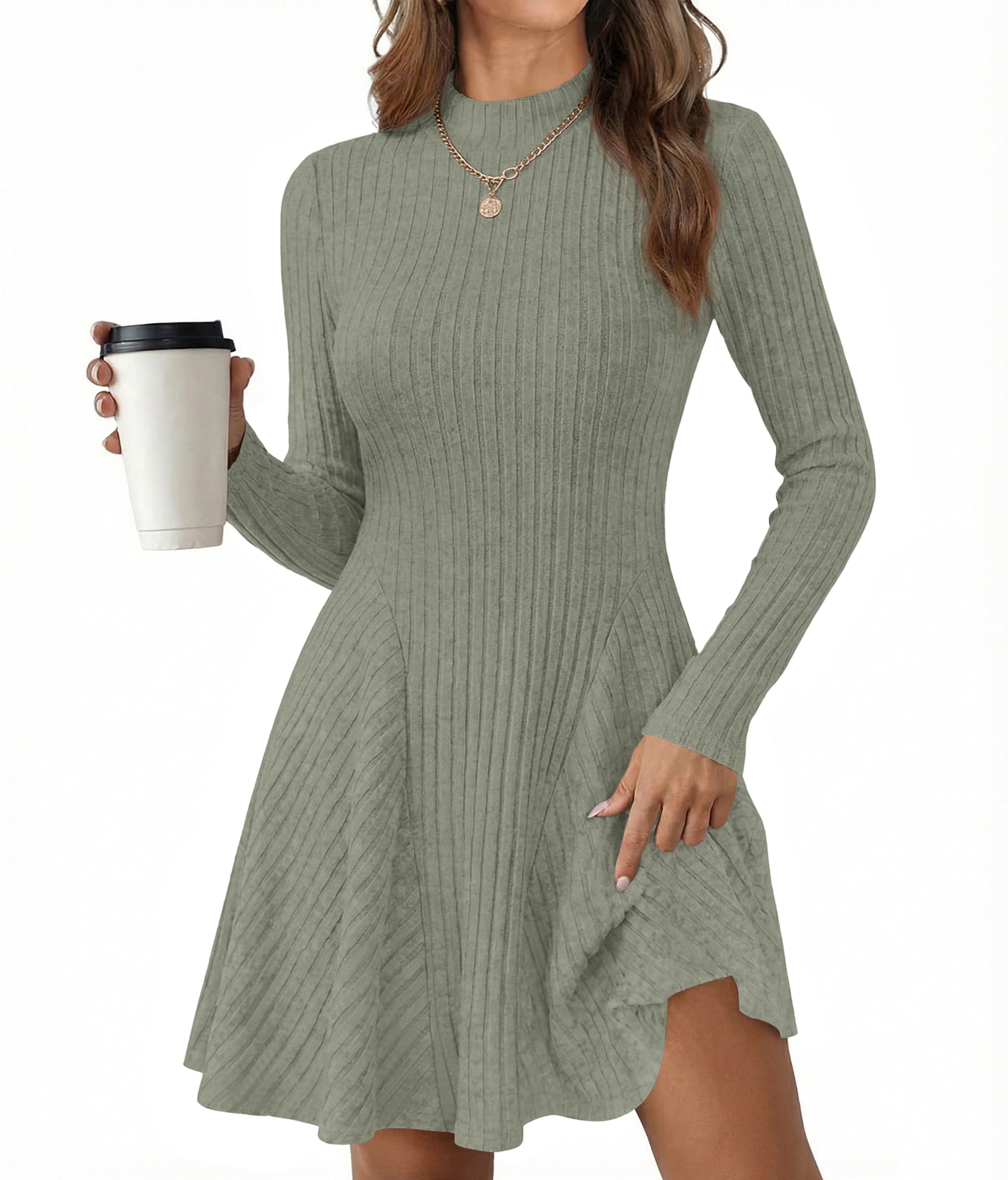 KIRUNDO Women Sweater Dress 2026 Spring Fall Lightweight Long Sleeve Mock Neck A Line Fit and Flare Ribbed Knit Short Dresses