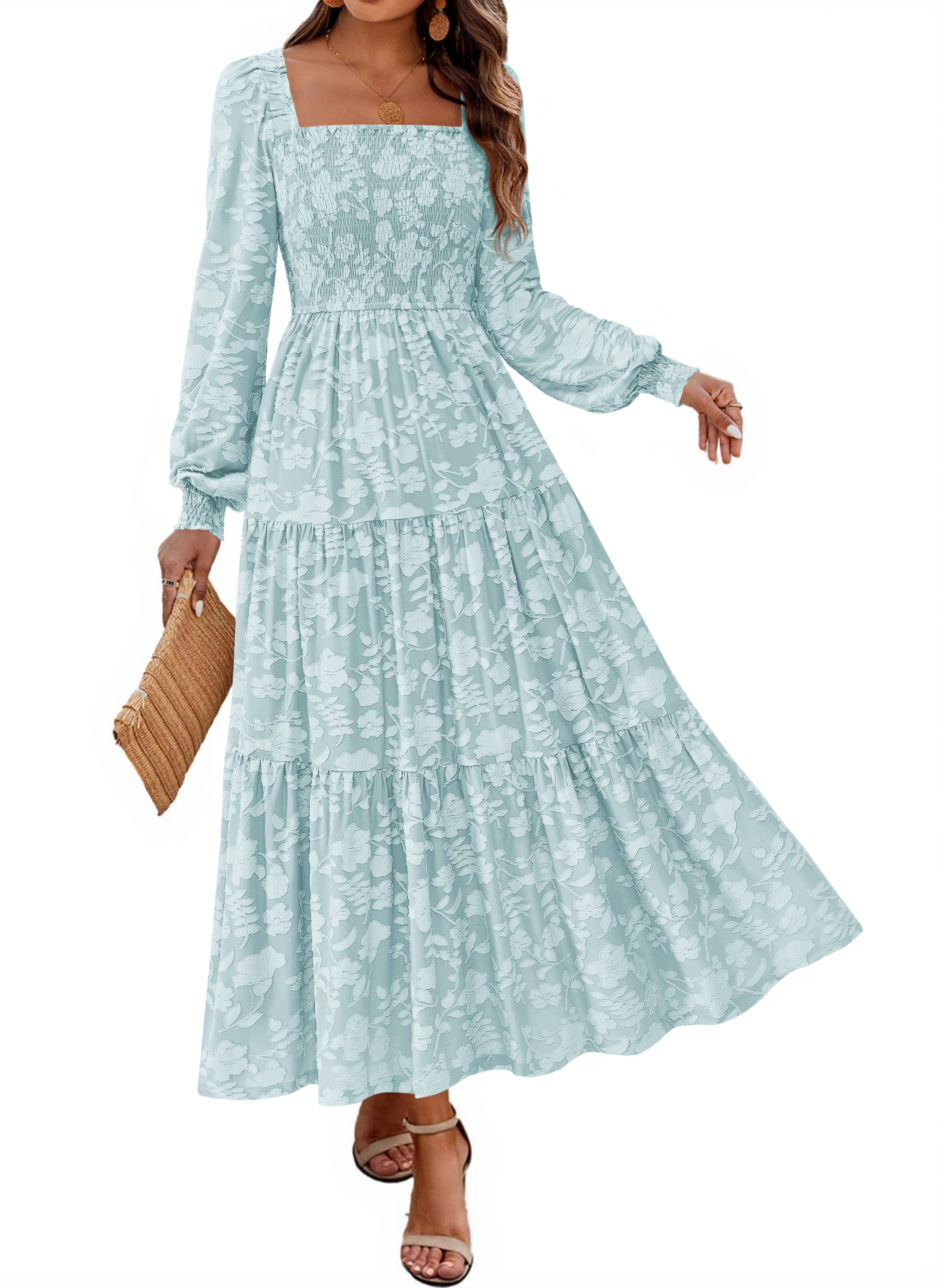 KIRUNDO Wedding Guest Dresses for Women Long Sleeve Smocked Floral Flowy A Line Boho Maxi Dress Fall Clothes