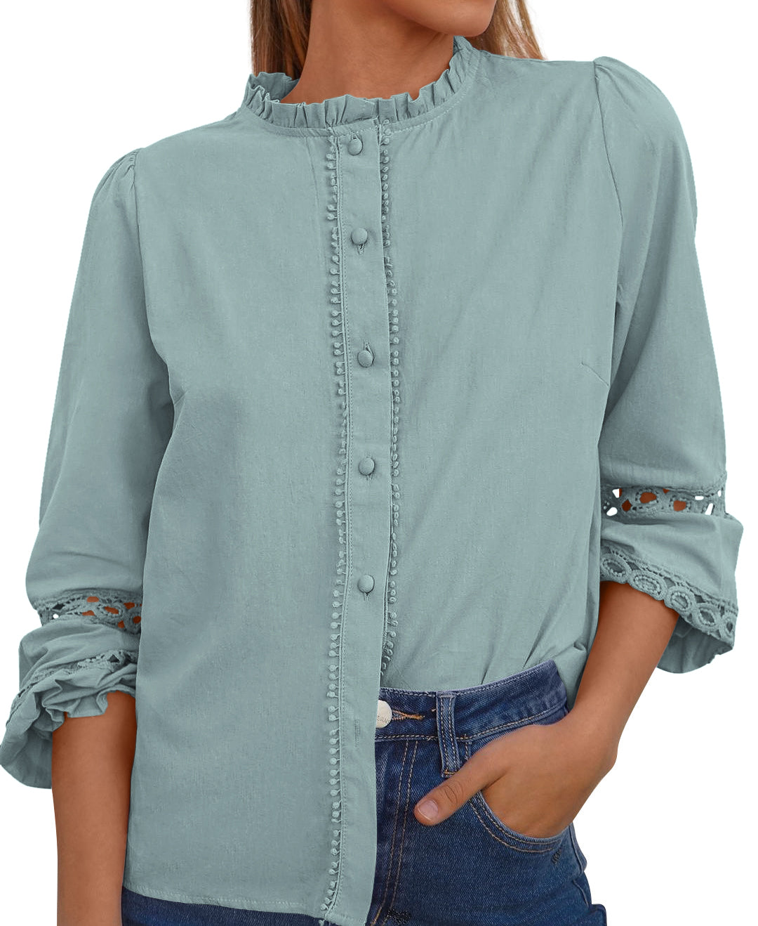 KIRUNDO Going Out Tops for Women Boho Cotton Eyelet Long Sleeve Button Up Shirt 2025 Fall Fashion Lace Dressy Casual Blouses