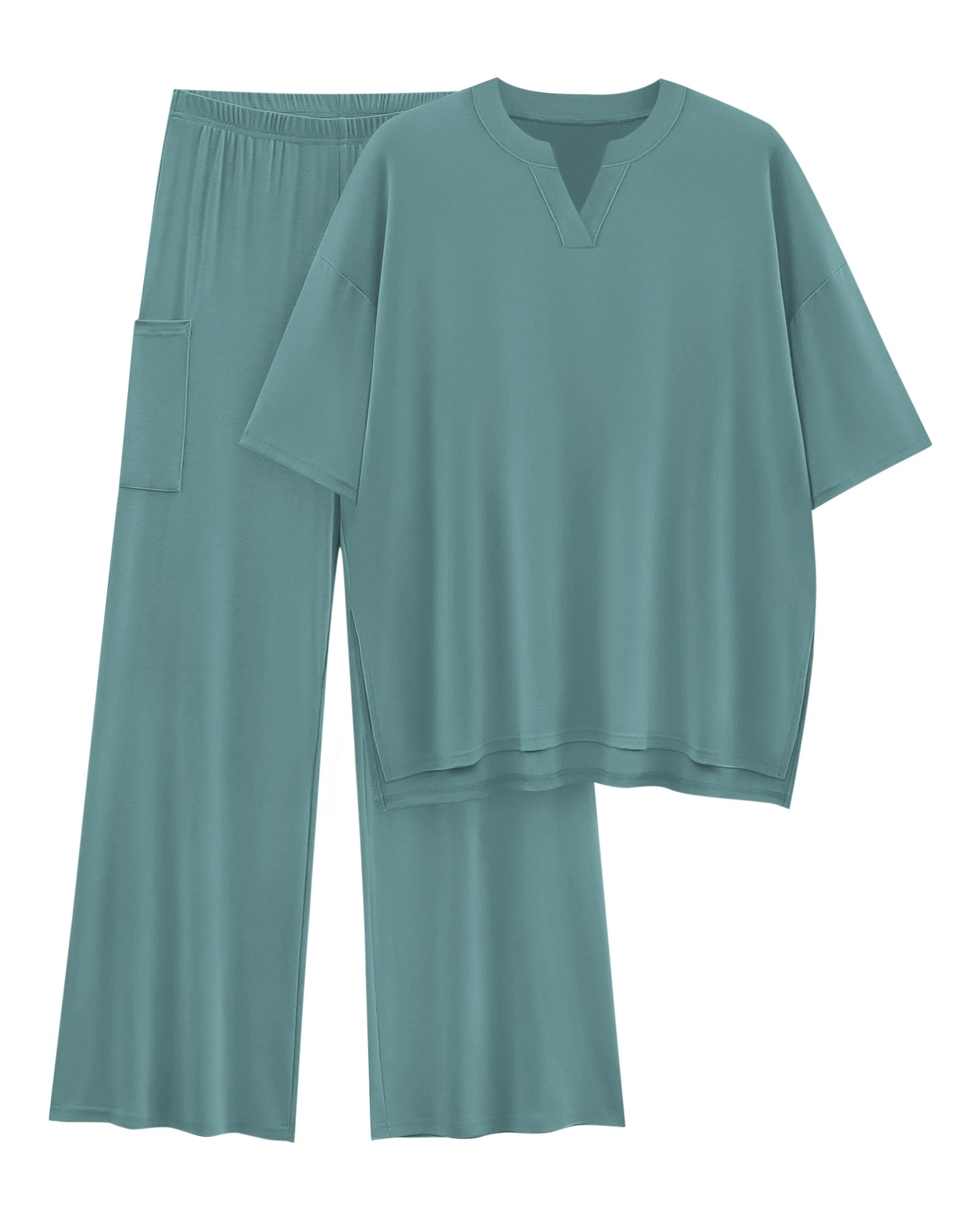 KIRUNDO Womens 2 Piece Matching Lounge Set Airport Travel Vacation Summer Outfits Oversized Short Sleeve Tops Wide Leg Pants