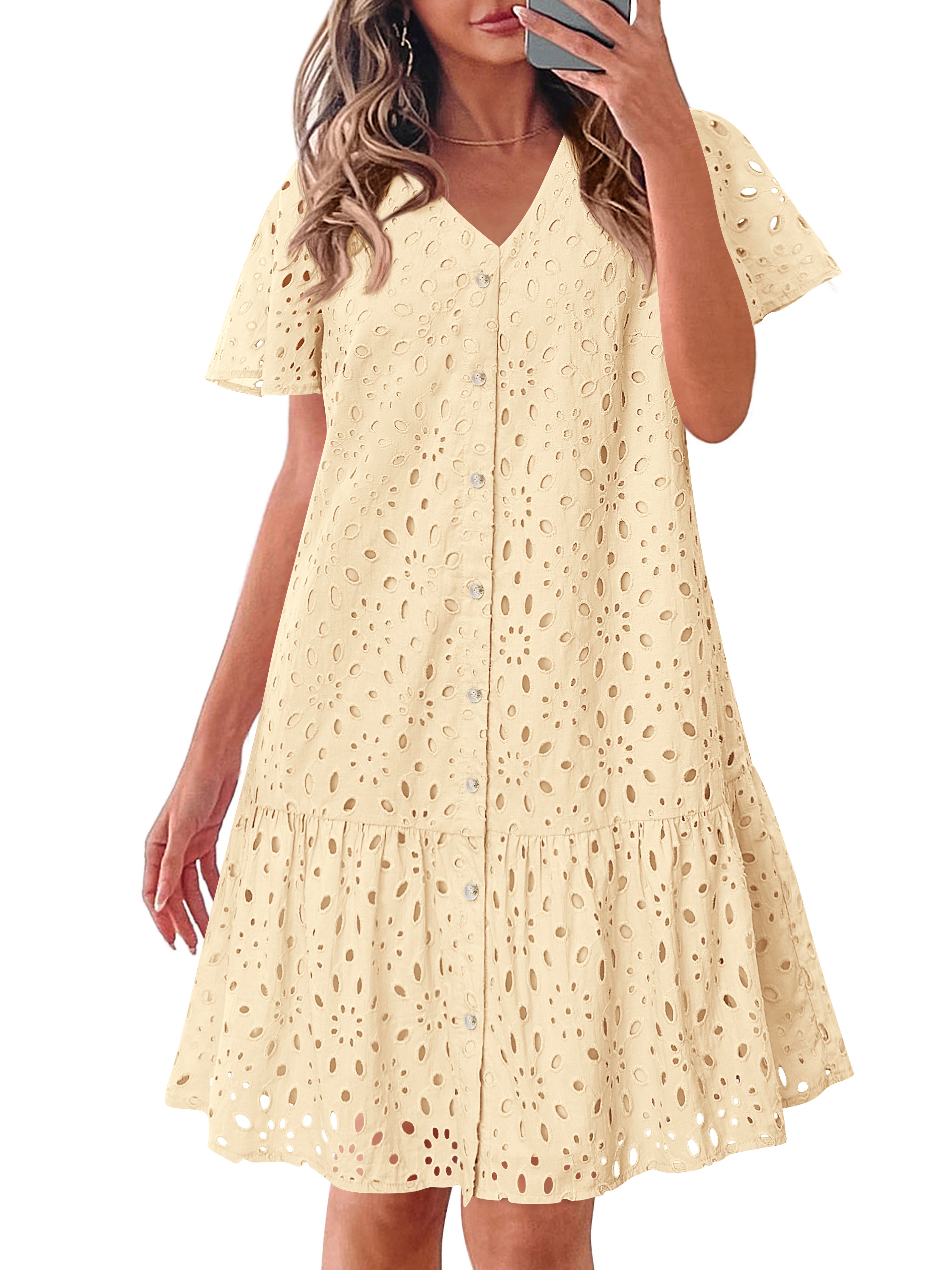 KIRUNDO Eyelet Dresses for Women 2026 Spring Summer Short Sleeve Button Down Loose Mini Babydoll Dress Beach Vacation Clothes