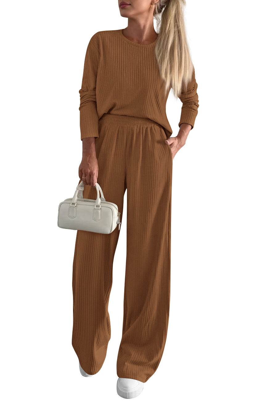 KIRUNDO Fall 2 Piece Lounge Sets for Women Long Sleeve Ribbed Knit Tops Wide Leg Pants Matching Travel Outfits Postpartum