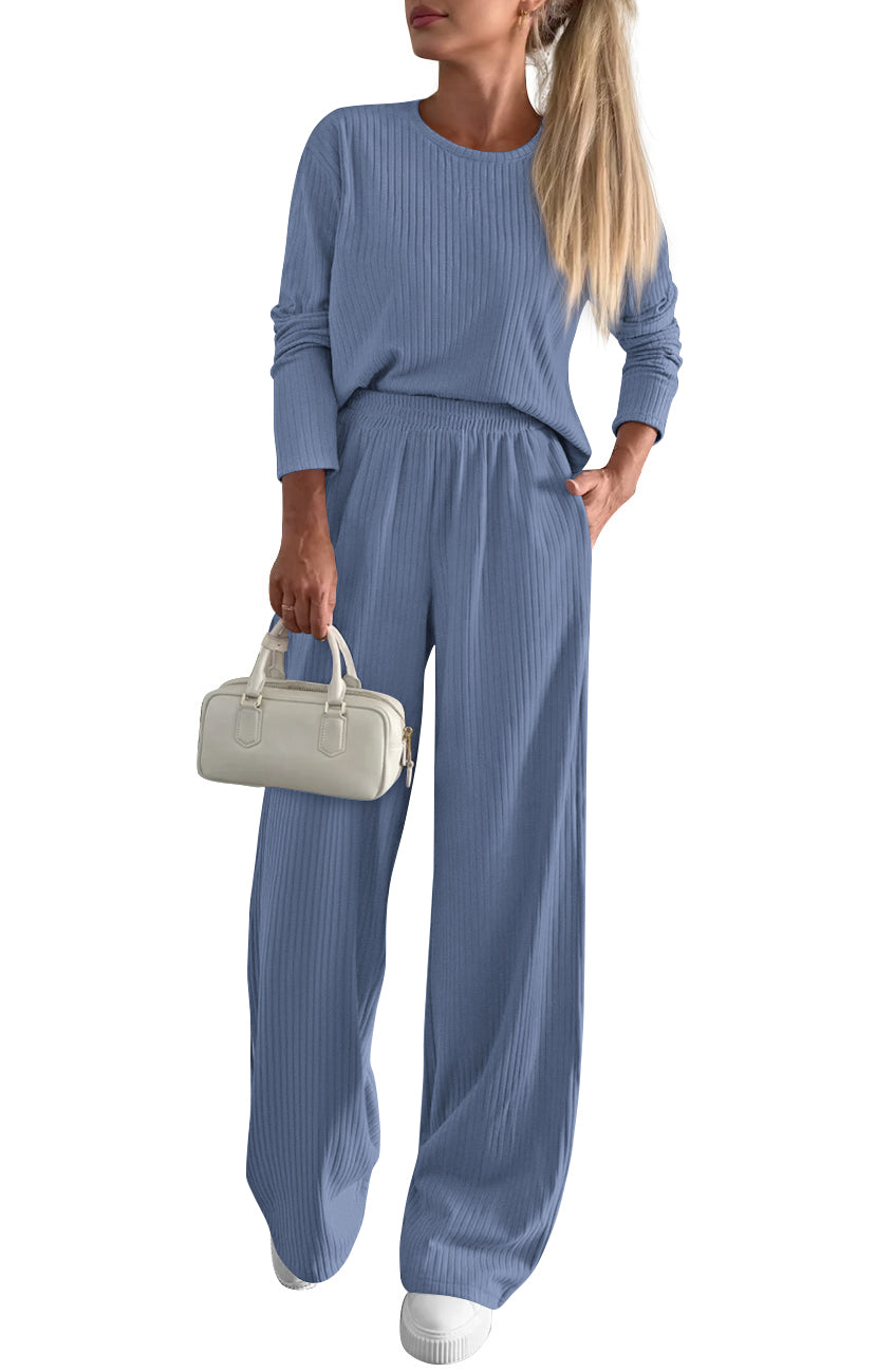 KIRUNDO Fall 2 Piece Lounge Sets for Women Long Sleeve Ribbed Knit Tops Wide Leg Pants Matching Travel Outfits Postpartum