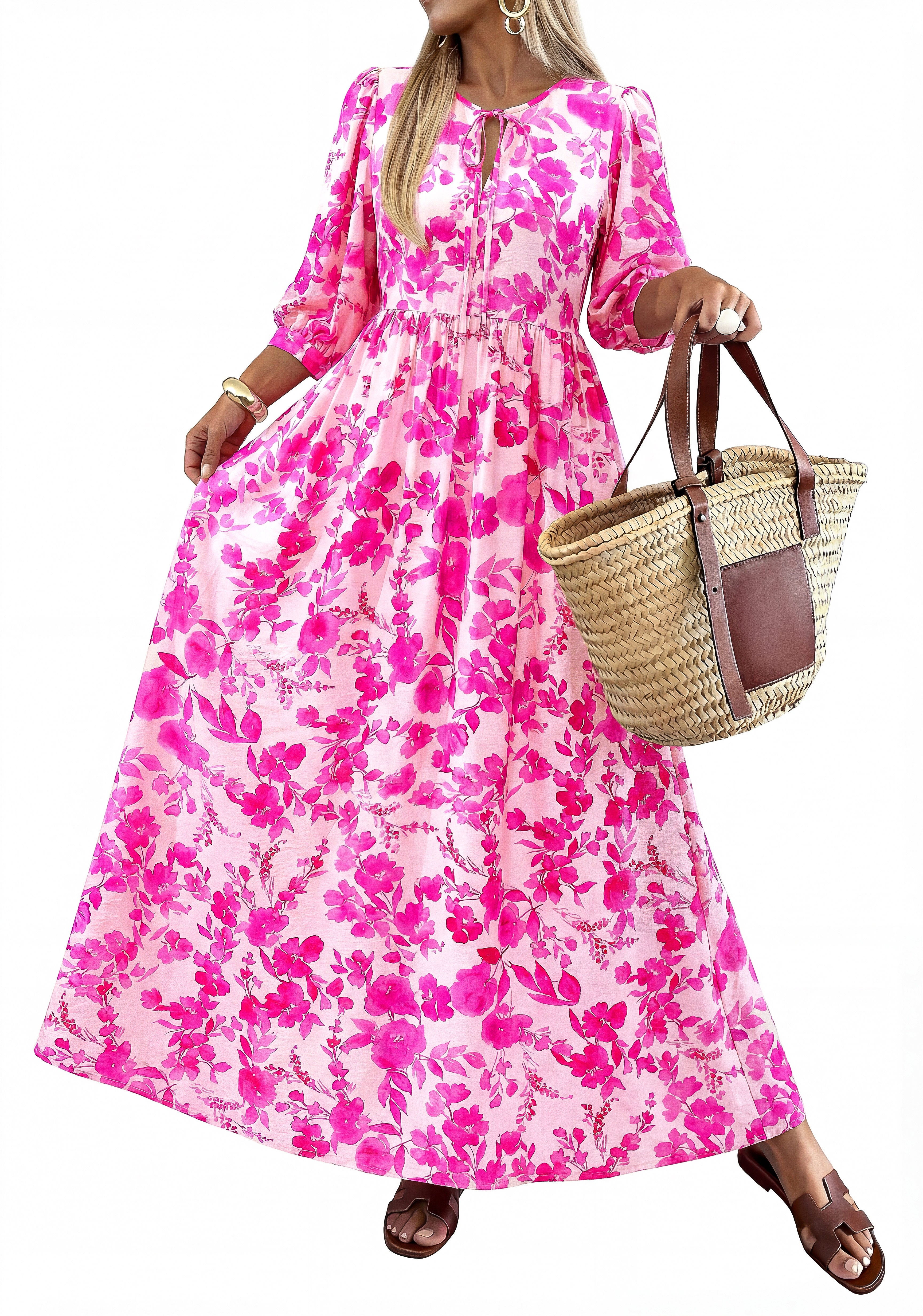 KIRUNDO Women Summer Beach Vacation Wedding Guest Dresses 2026 Spring Boho Floral 3/4 Sleeve Loose Cruise Flowy Maxi Dress