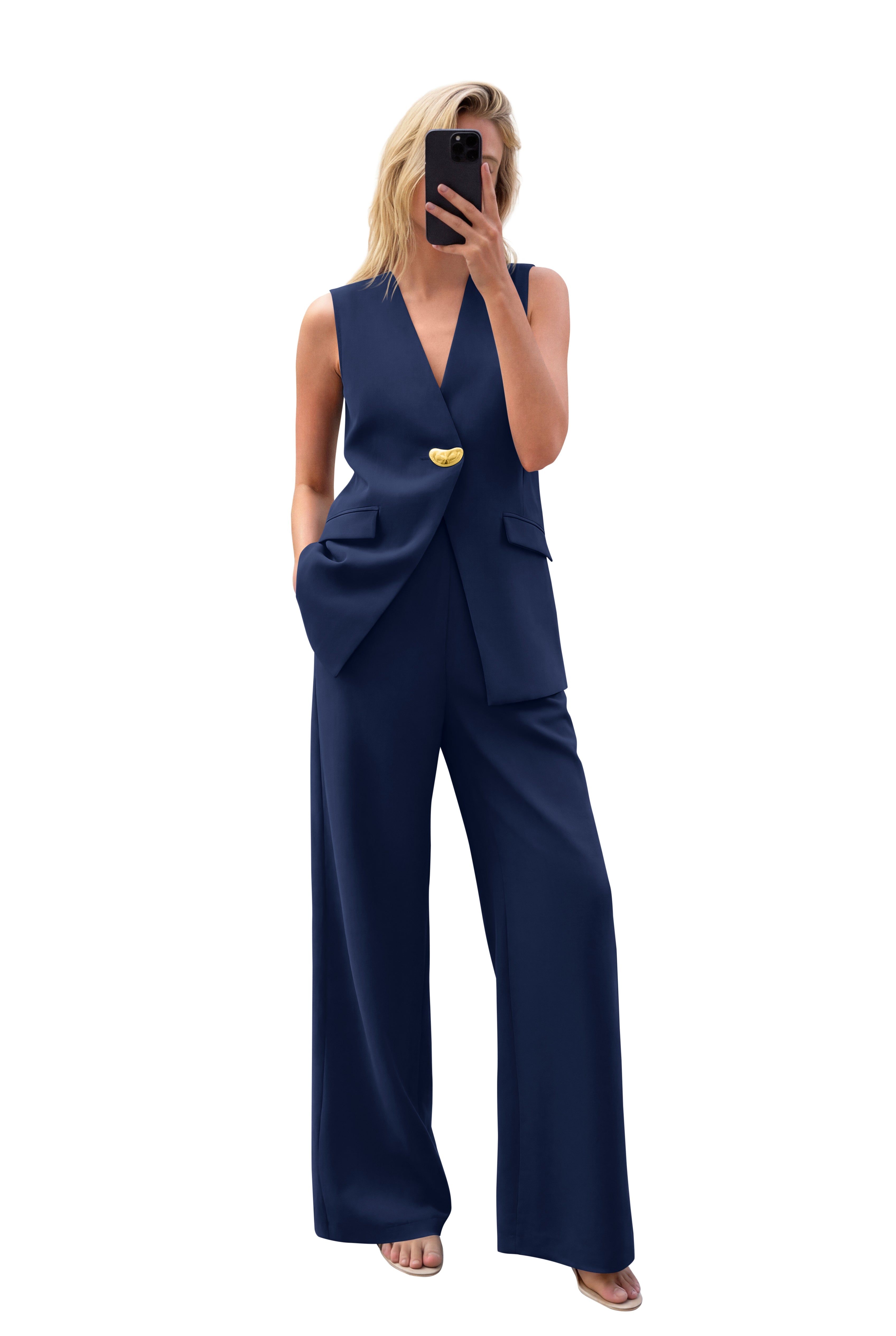 KIRUNDO Pant Suits for Women Dressy 2 Piece Sets Sleeveless Blazer Vest Wide Leg Matching Pantsuit Business Casual Outfits