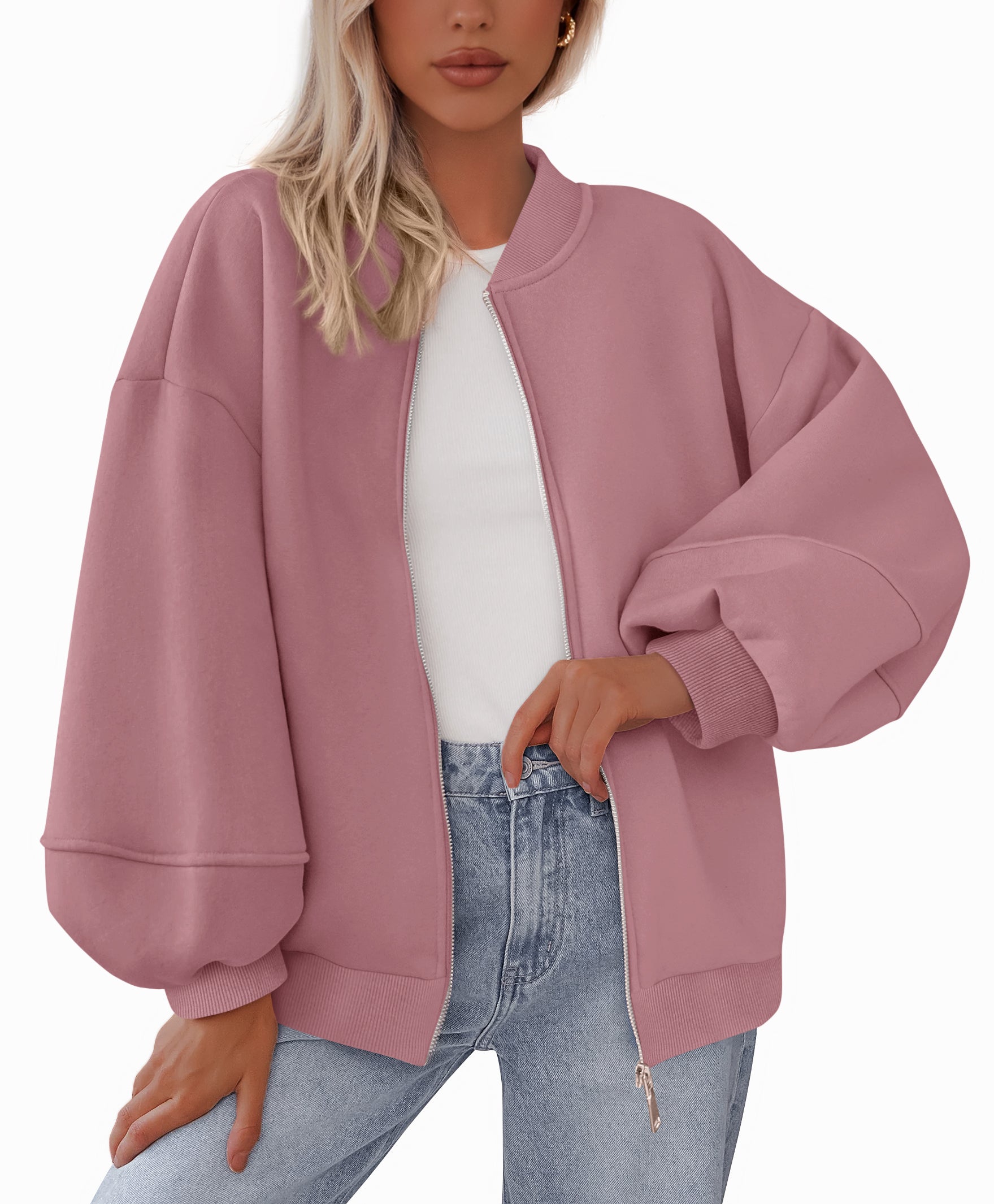 KIRUNDO Oversized Sweatshirt for Women Fall Fashion 2025 Zip Up Bomber Jacket Casual Long Sleeve Outerwear Winter Outfits