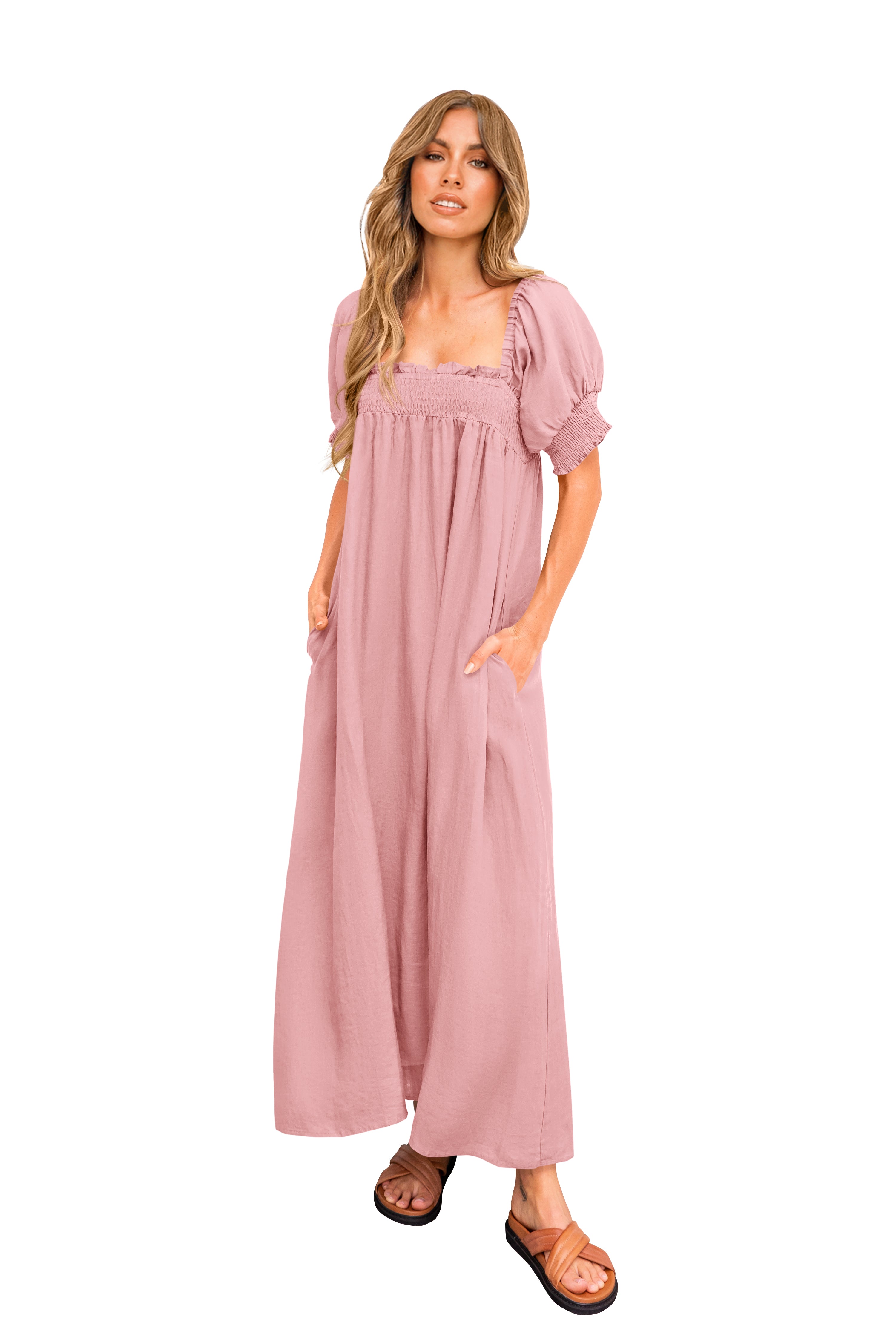 KIRUNDO Women 2026 Summer Maxi Dress Casual Loose Puff Sleeve Square Neck Maternity Flowy Long Beach Dresses with Pockets