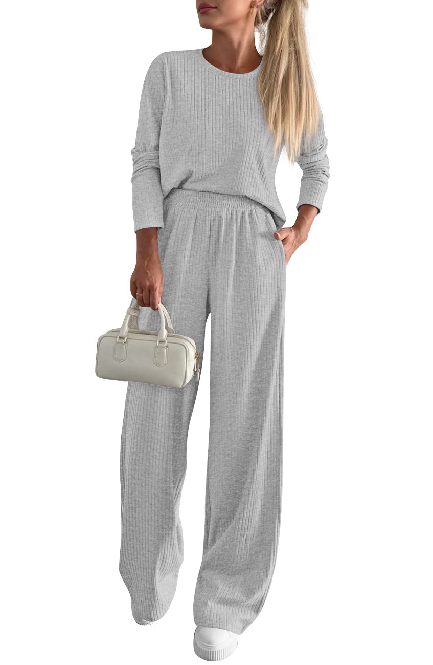 KIRUNDO Fall 2 Piece Lounge Sets for Women Long Sleeve Ribbed Knit Tops Wide Leg Pants Matching Travel Outfits Postpartum