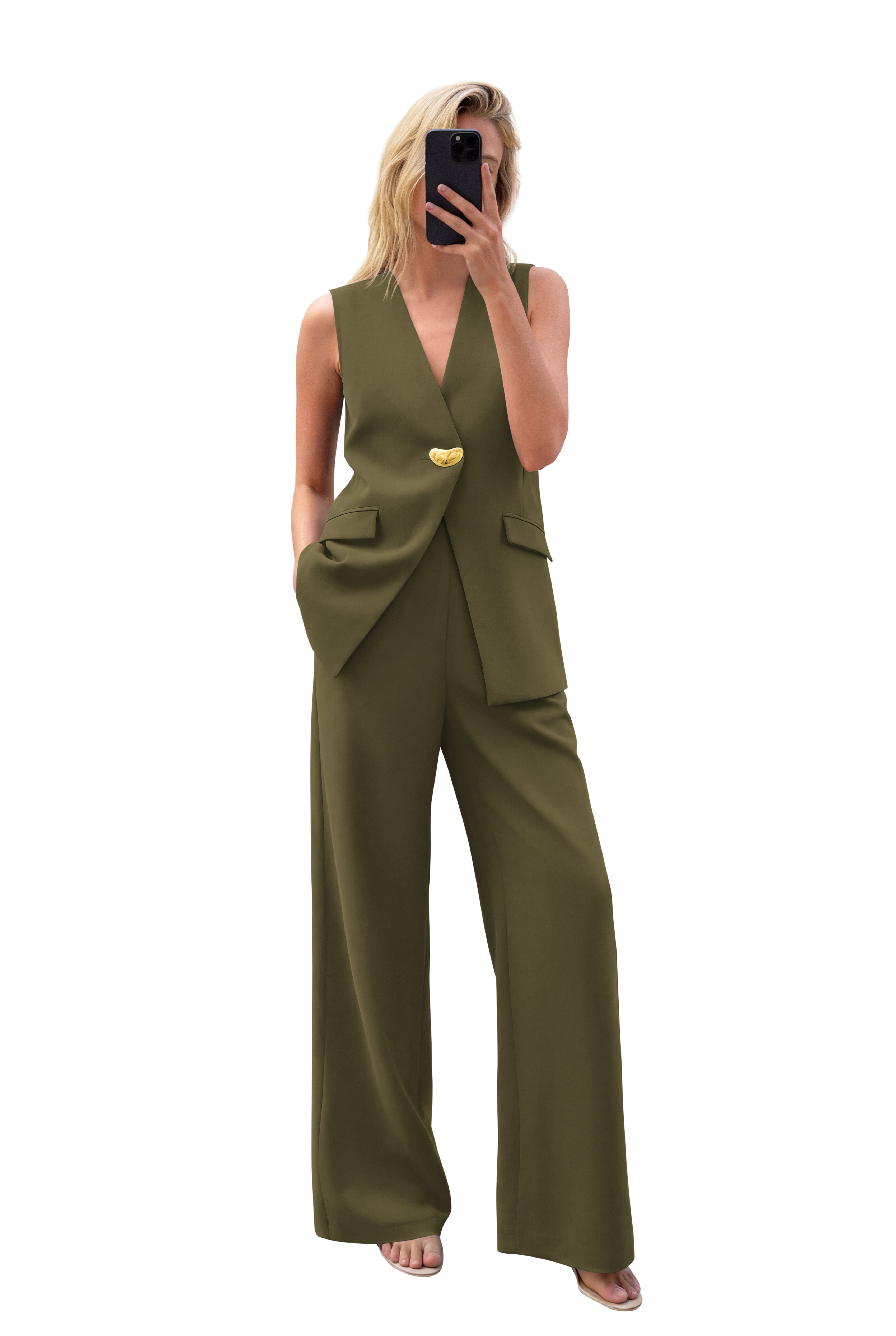 KIRUNDO Pant Suits for Women Dressy 2 Piece Sets Sleeveless Blazer Vest Wide Leg Matching Pantsuit Business Casual Outfits