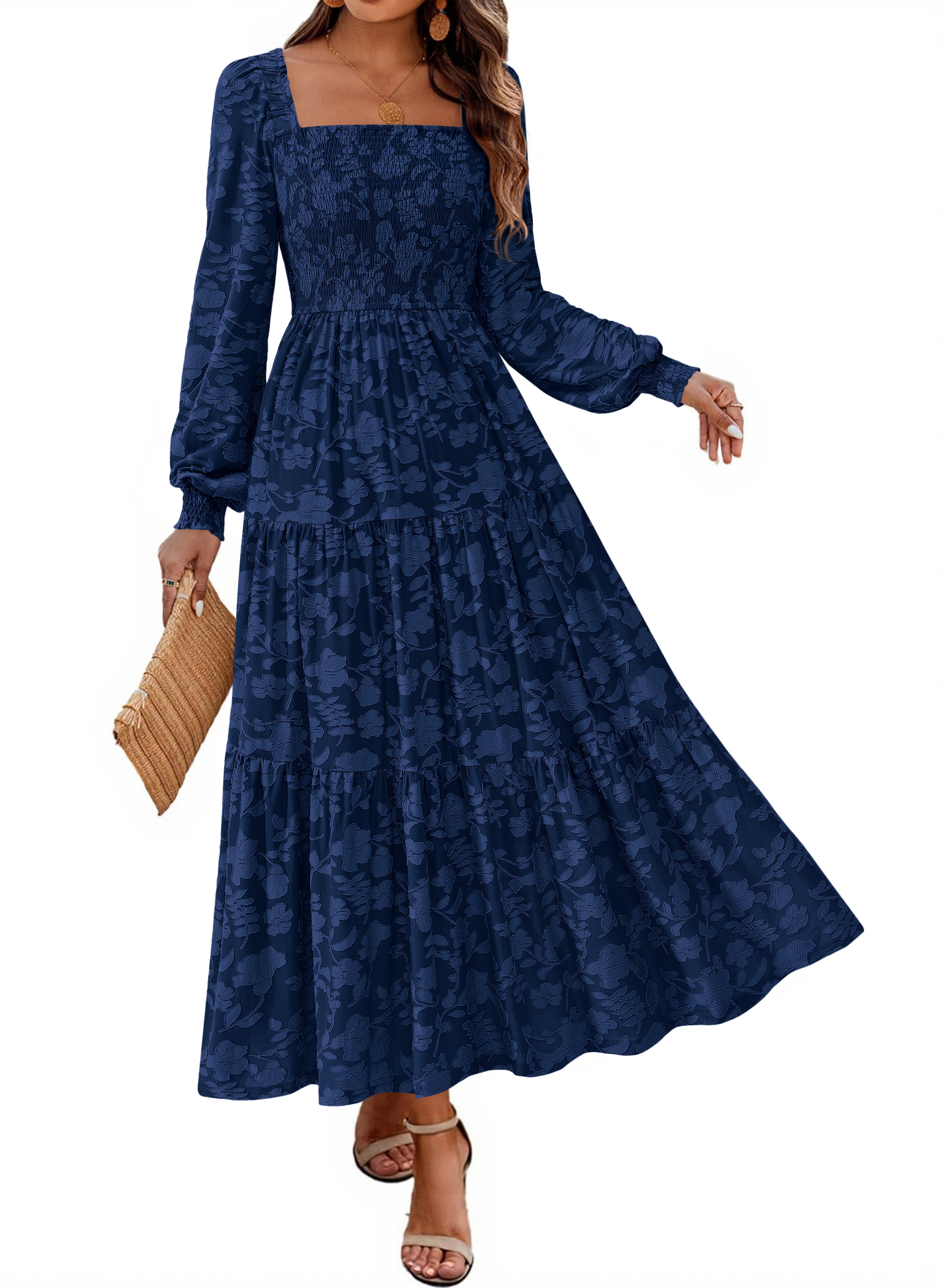 KIRUNDO Wedding Guest Dresses for Women Long Sleeve Smocked Floral Flowy A Line Boho Maxi Dress Fall Clothes