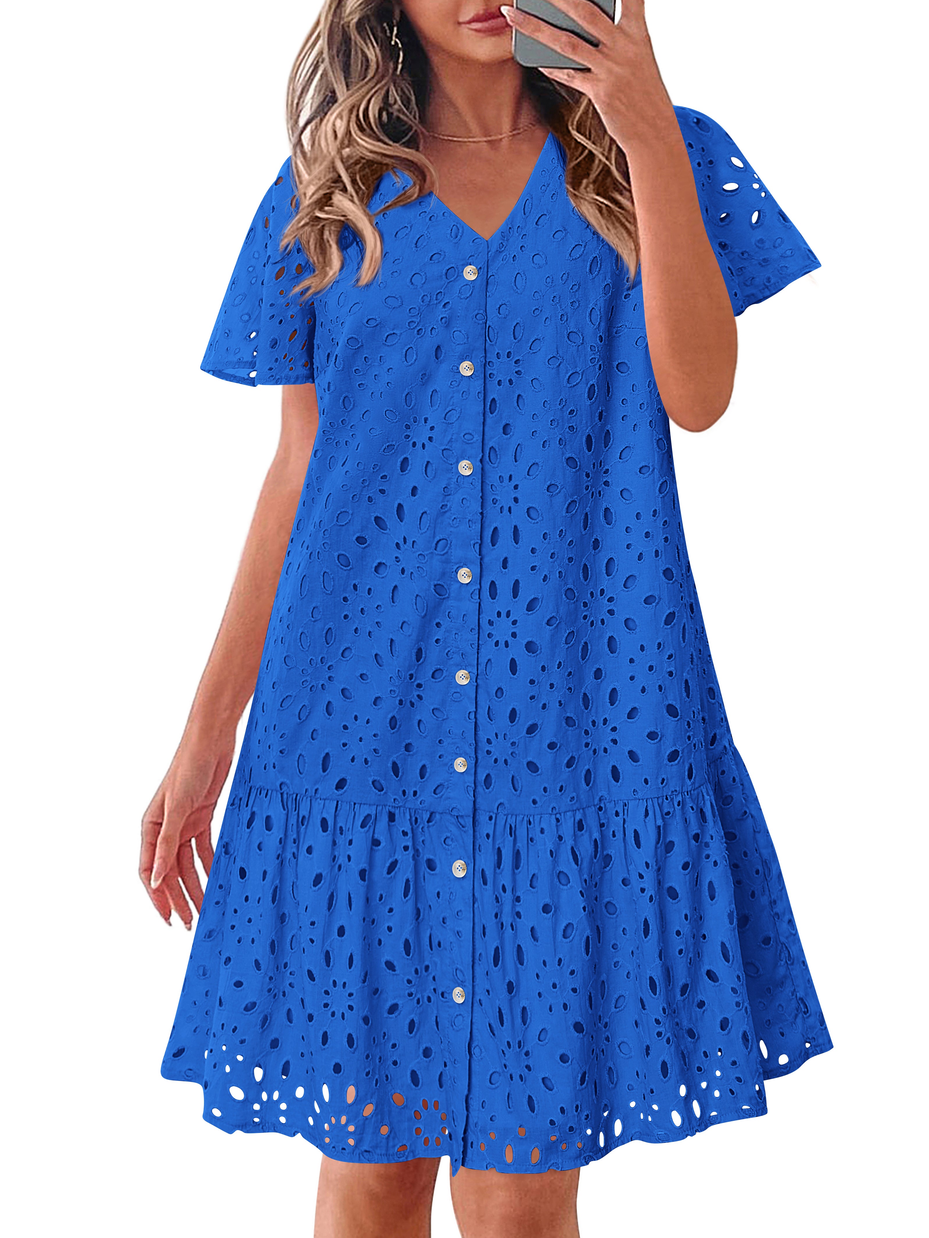 KIRUNDO Eyelet Dresses for Women 2026 Spring Summer Short Sleeve Button Down Loose Mini Babydoll Dress Beach Vacation Clothes