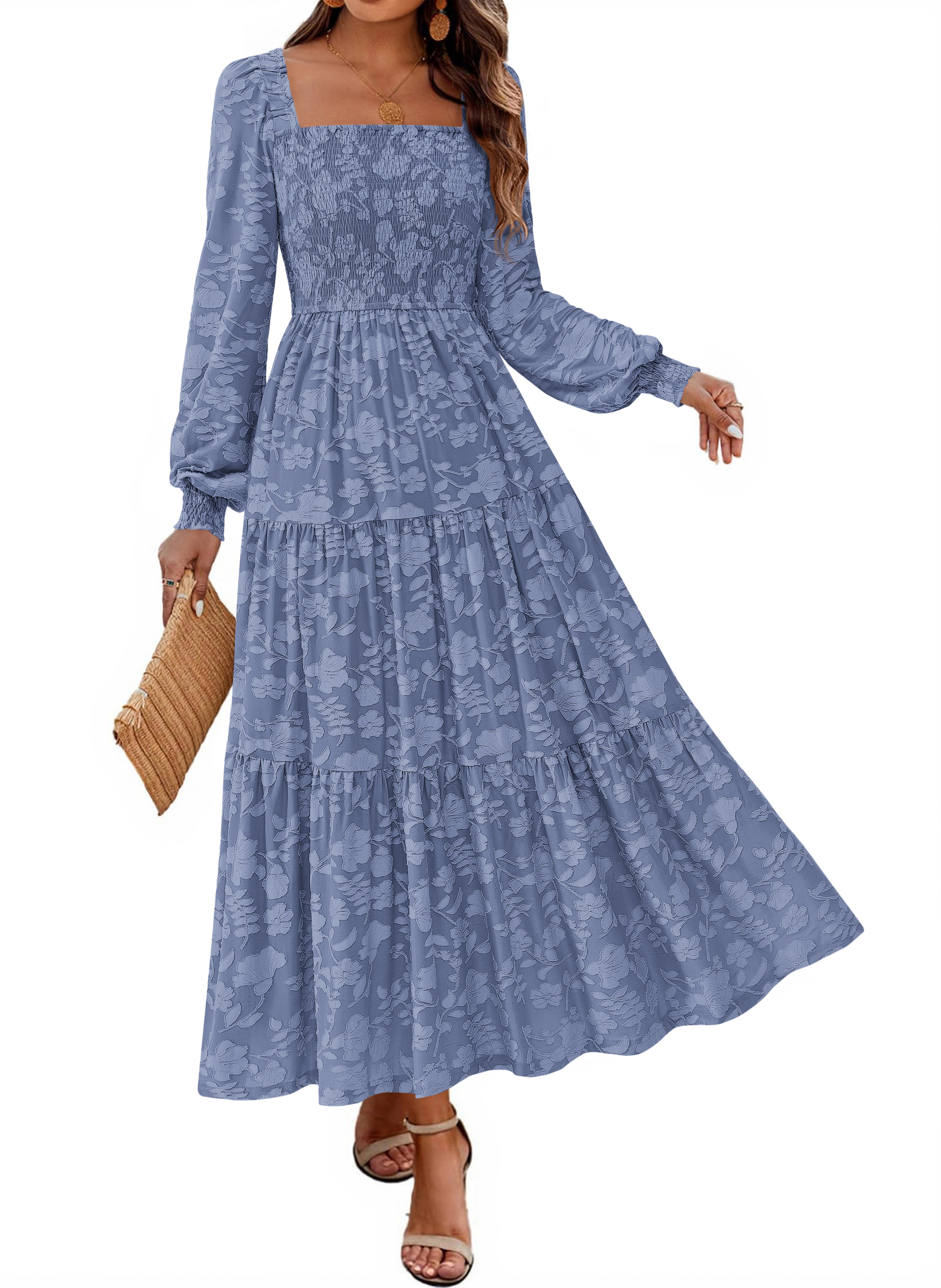 KIRUNDO Wedding Guest Dresses for Women Long Sleeve Smocked Floral Flowy A Line Boho Maxi Dress Fall Clothes