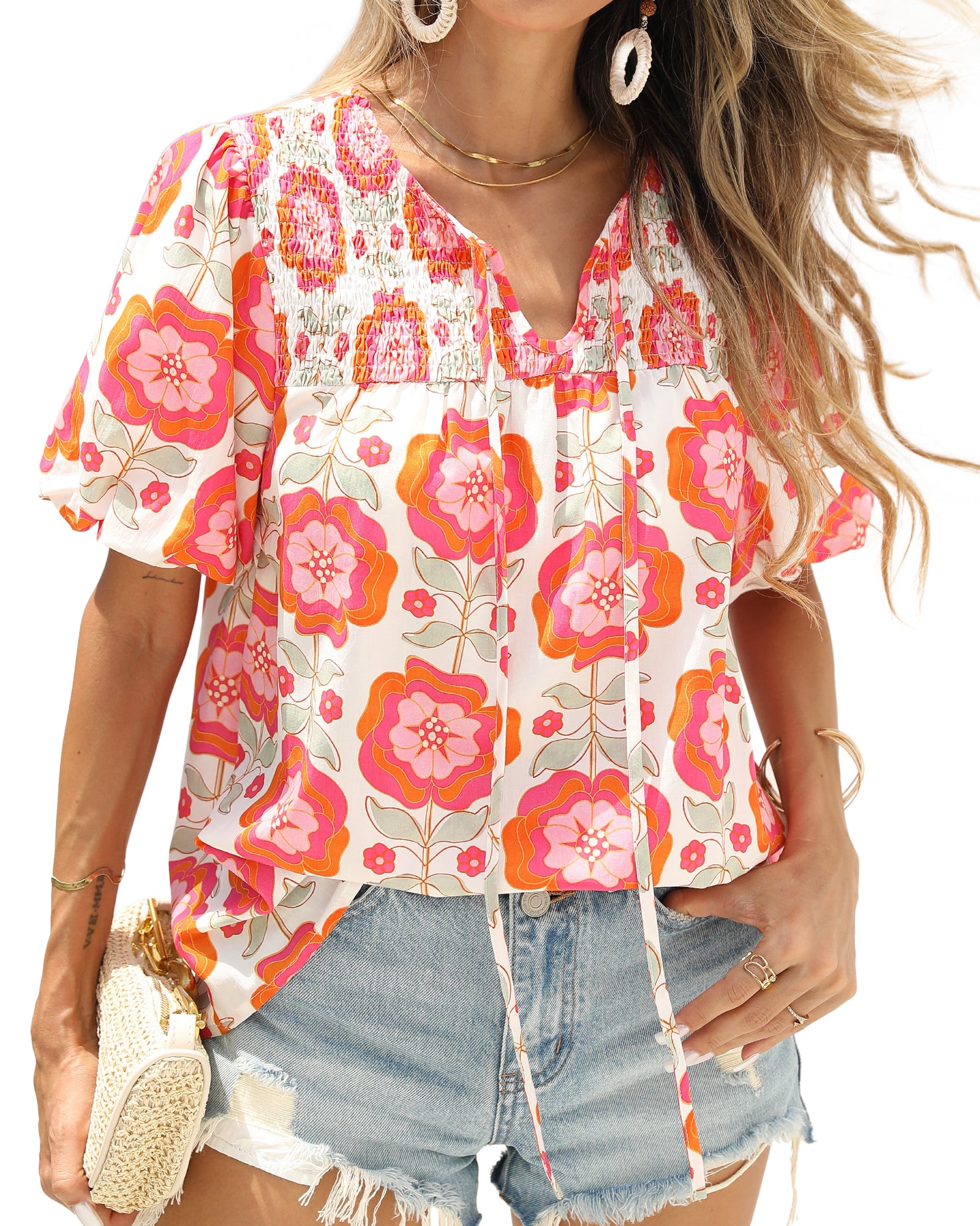 KIRUNDO Boho Tops for Women 2026 Summer Dressy Floral Blouse V Neck Drawstring Short Sleeve Shirts Beach Vacation Clothes
