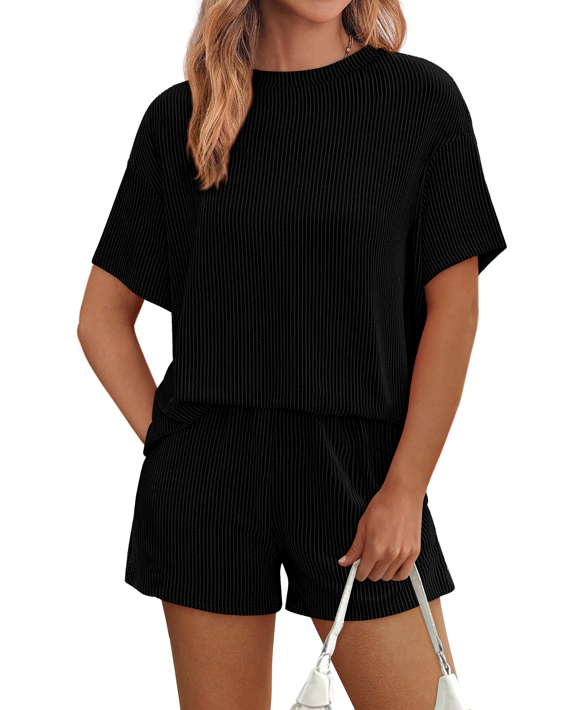 KIRUNDO 2 Piece Sets for Women Summer Lounge Set Casual Ribbed Knit Short Sleeve Tops Shorts Matching Airport Travel Outfits