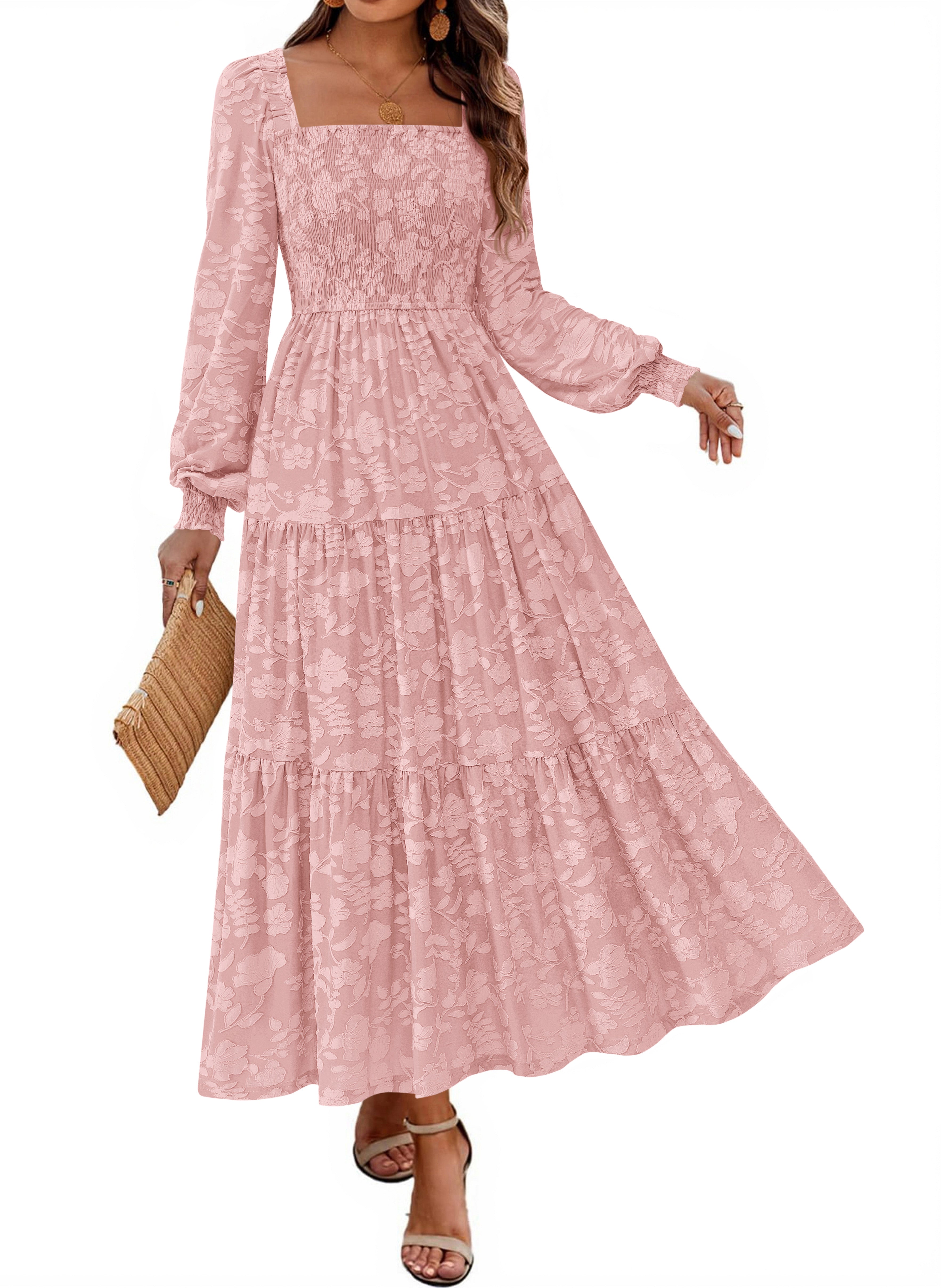 KIRUNDO Wedding Guest Dresses for Women Long Sleeve Smocked Floral Flowy A Line Boho Maxi Dress Fall Clothes