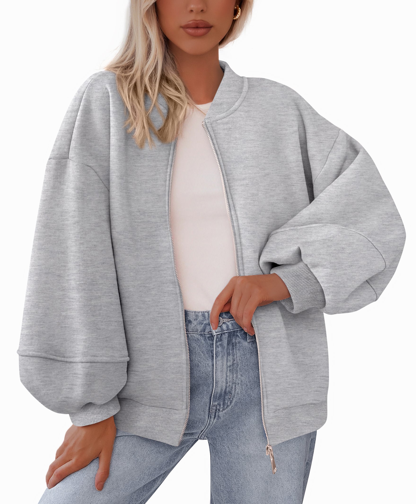 KIRUNDO Oversized Sweatshirt for Women Fall Fashion 2025 Zip Up Bomber Jacket Casual Long Sleeve Outerwear Winter Outfits