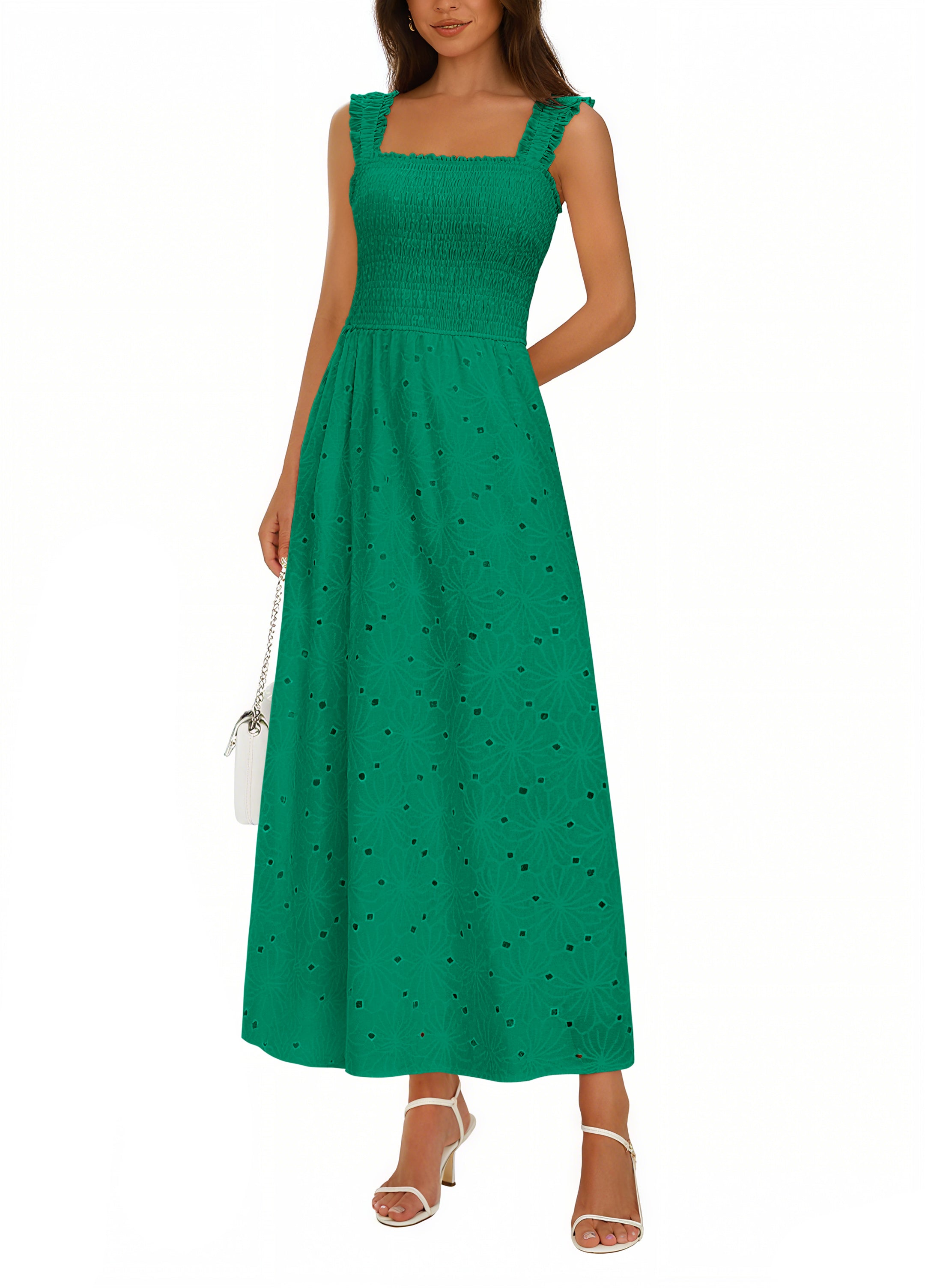 KIRUNDO Women Eyelet Summer Maxi Dress 2026 Spring Boho Lace Cotton Smocked Sleeveless Square Neck Beach Vacation Sundress