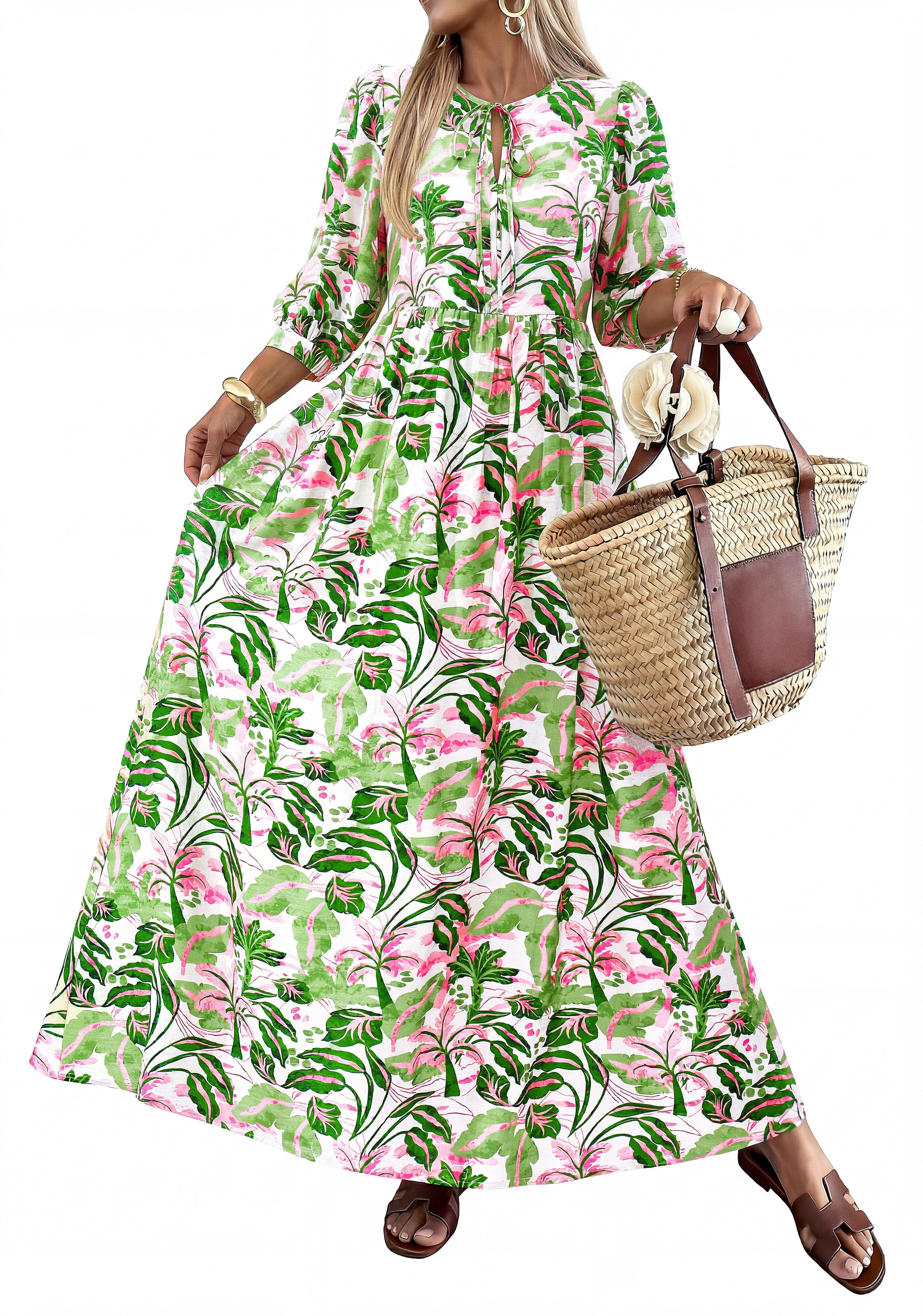 KIRUNDO Women Summer Beach Vacation Wedding Guest Dresses 2026 Spring Boho Floral 3/4 Sleeve Loose Cruise Flowy Maxi Dress