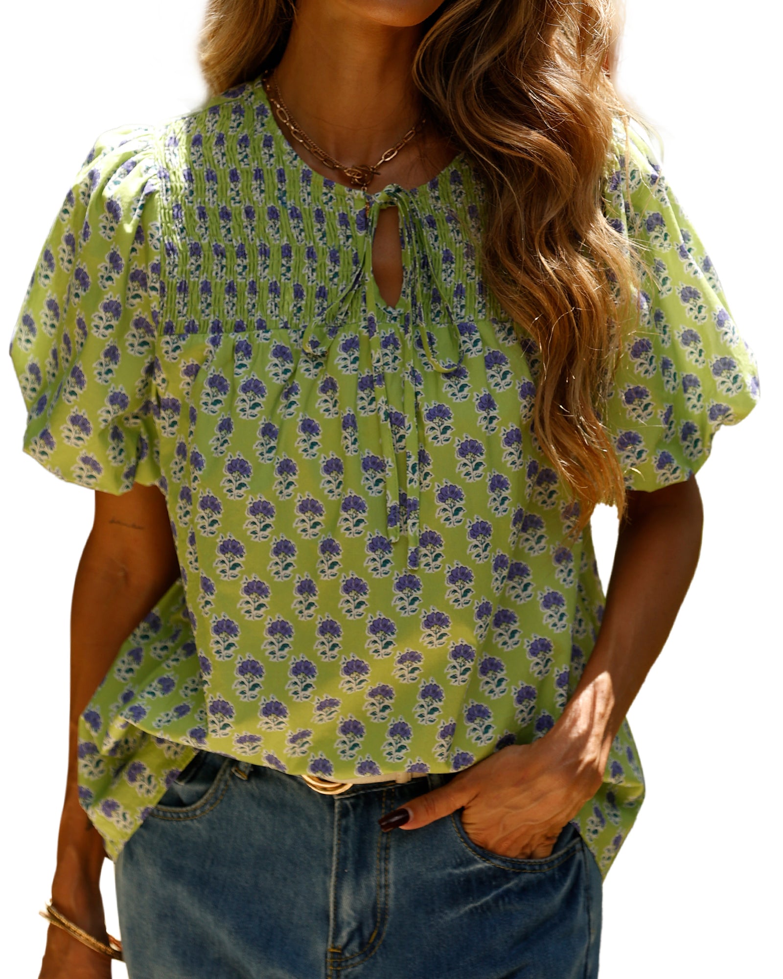 KIRUNDO Boho Tops for Women 2026 Summer Dressy Floral Blouse V Neck Drawstring Short Sleeve Shirts Beach Vacation Clothes