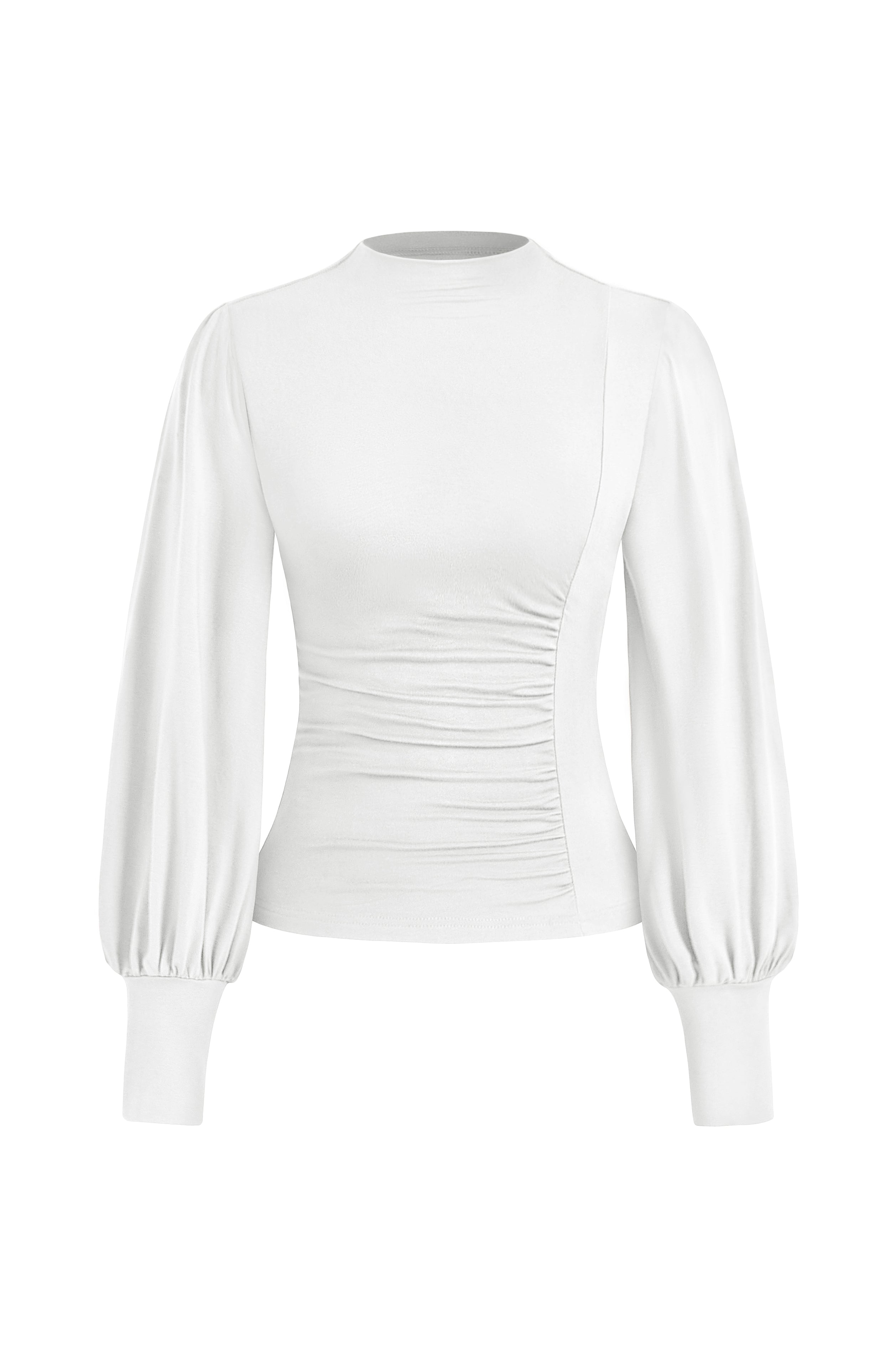 KIRUNDO Blouses for Women Dressy Casual Puff Long Sleeve Shirts Fitted Mock Neck Ruched Trendy Tops 2025 Early Fall Fashion